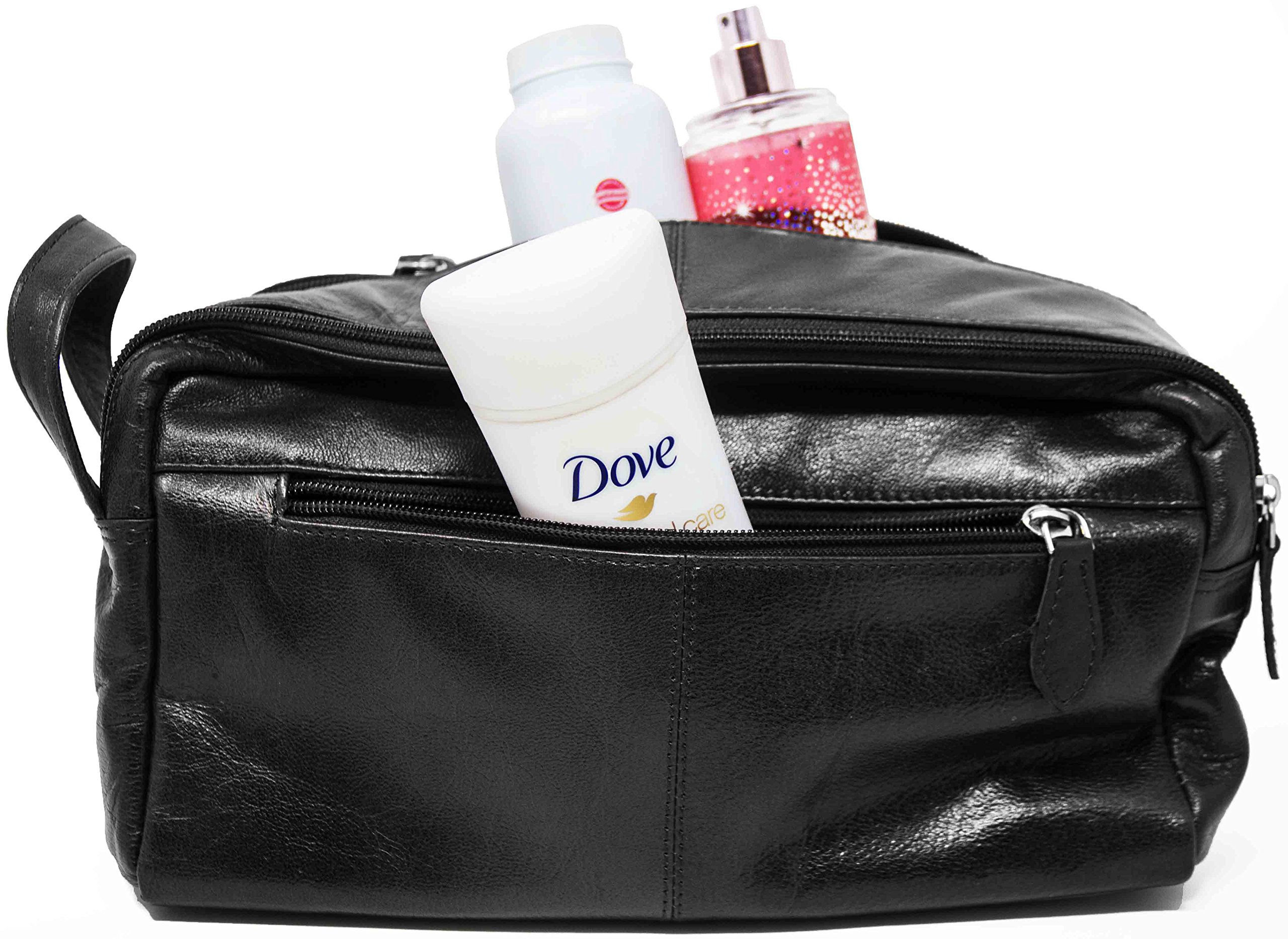 Premium Genuine Cowhide Black Leather Toiletry Bag for Men & Women - Travel Organizer, Dopp Kit - Perfect for Gym, Business Trips, and Vacation Essentials