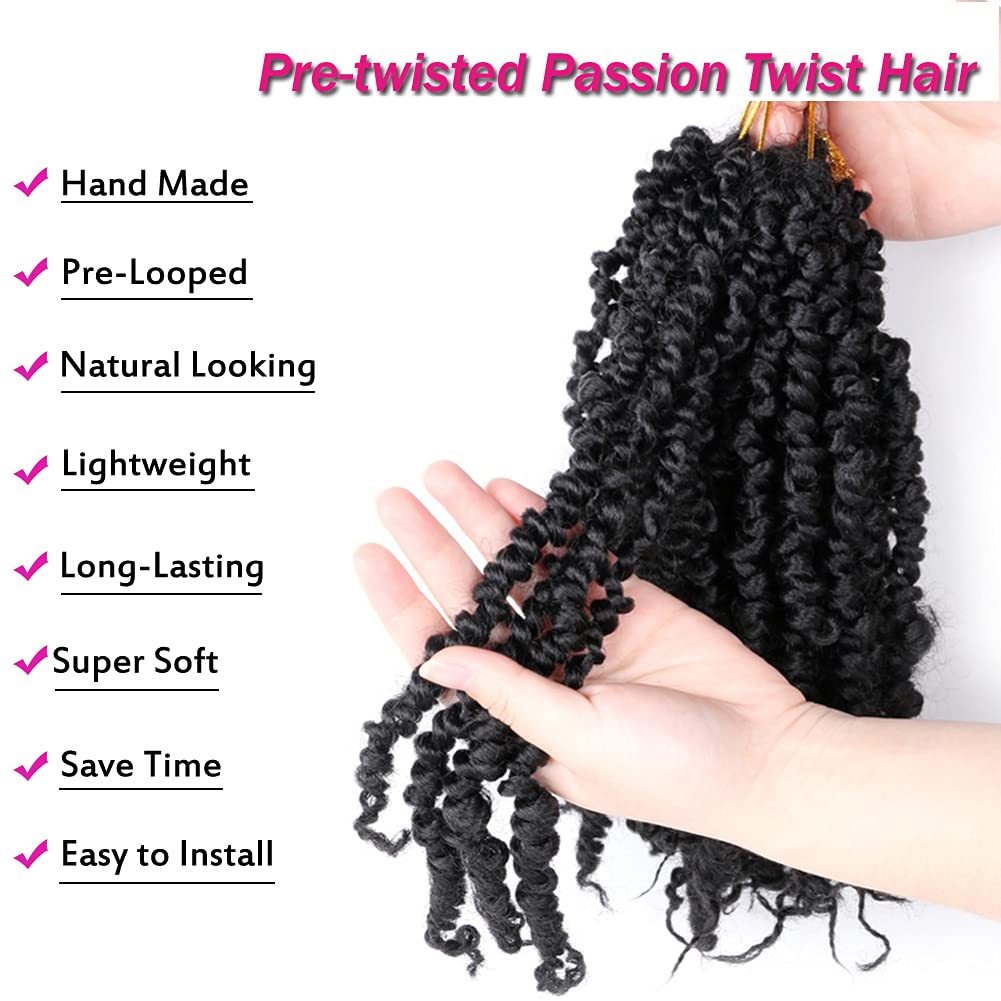 8 Packs 10inch Pre-Twisted Passion Twist Crochet Braids - 96 Strands Synthetic Hair Extensions (1B Black) for Protective Styles & Bob Hairstyles | Perfect for Daily Wear, Parties & Salon Styling