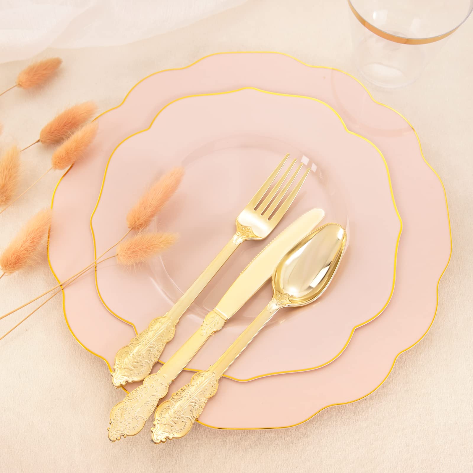 NOCCUR 175-Piece Pink Plastic Party Tableware Set - 50 Disposable Plates, 25 Forks, 25 Knives, 25 Spoons, 25 Cups & 25 Napkins - Elegant Gold Trim - Perfect for Weddings, Baby Showers, Birthday Parties & Bridal Showers - Great for Indoor/Outdoor Events & Catering