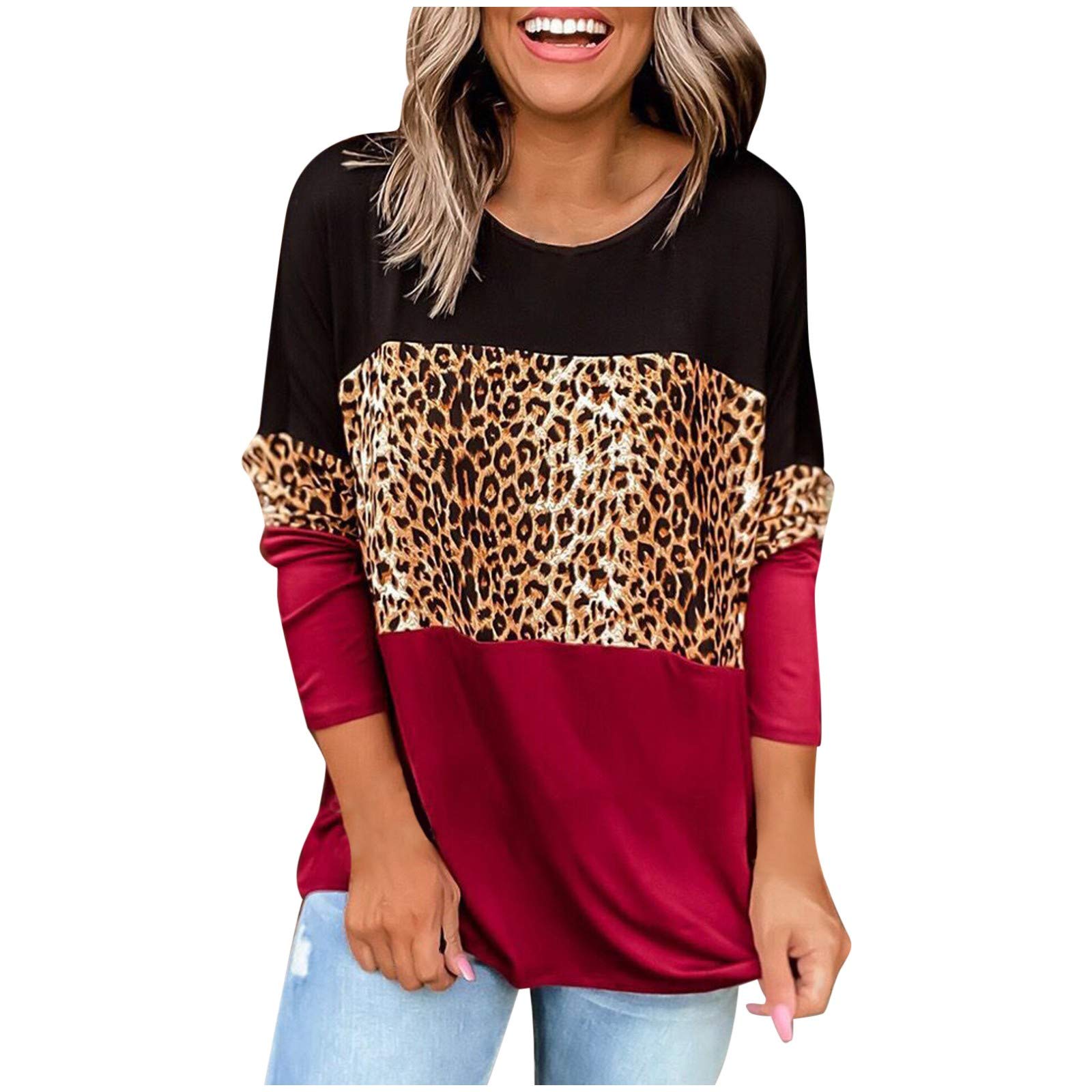 Women's Casual Color Block Long Sleeve Crewneck T-Shirt | Fashion Leopard Print Blouse | Loose Fit Pullover Patchwork Top for Everyday Wear & Street Style Outfits