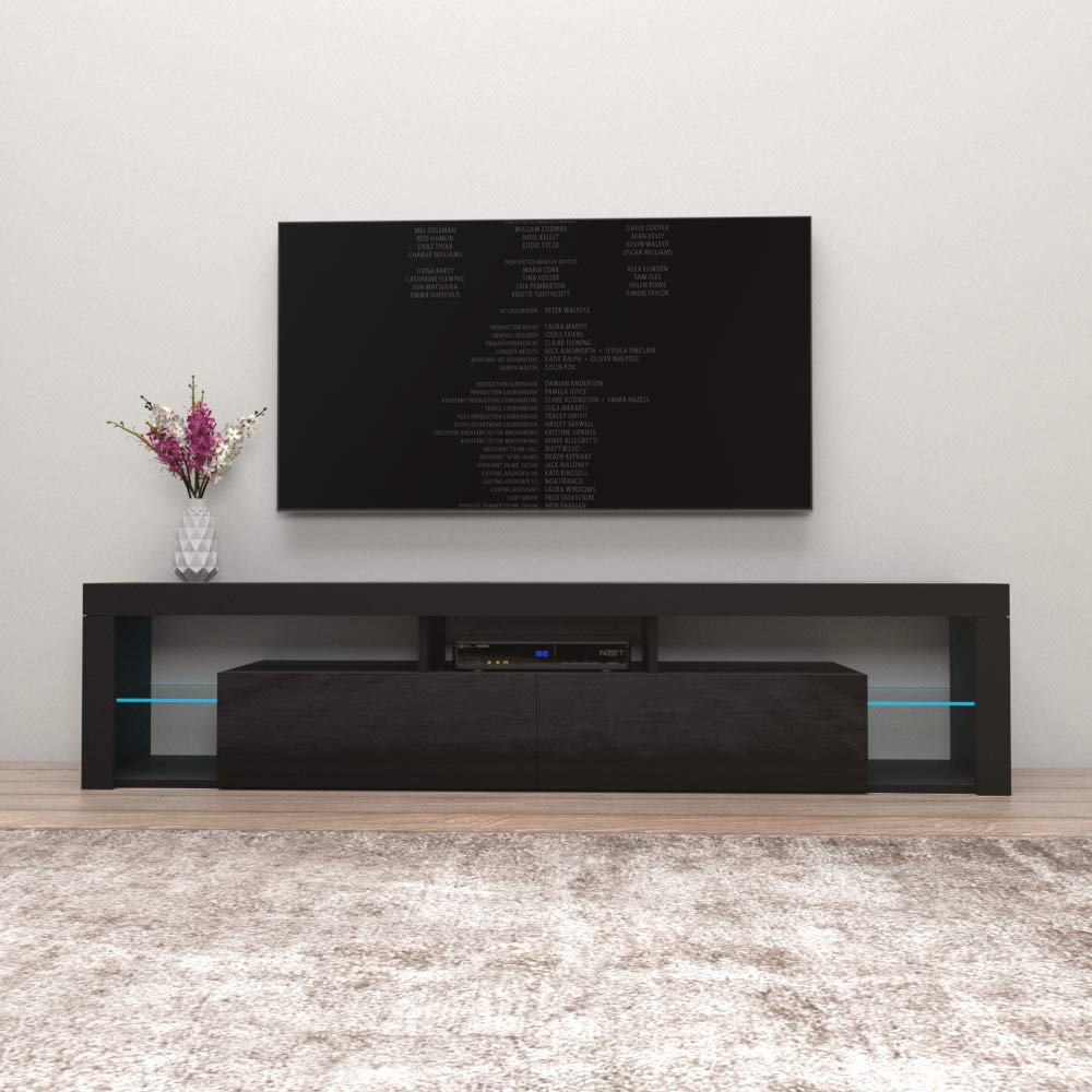 Modern Floating TV Stand Milano 200 - High Gloss Wall Mounted Entertainment Center with LED Lights & Storage Cabinets - Fits TVs Up to 90 Inches - Black - Perfect for Living Room, Bedroom & Home Theater Setup