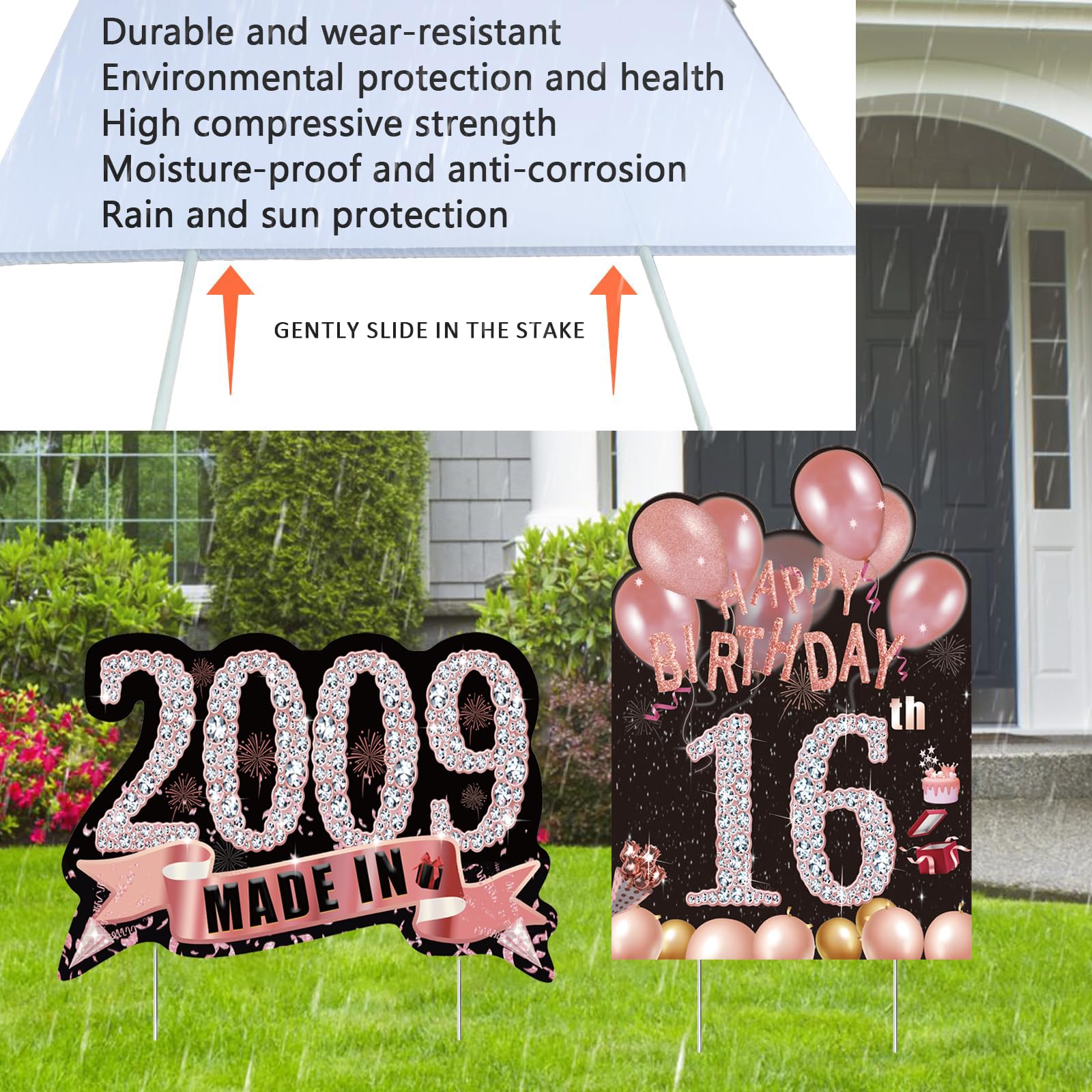 2Pcs Sweet 16 Birthday Yard Signs - Weatherproof Outdoor Party Decorations with Stakes for Girls, Made in 2009 | Perfect for Lawn Decor, Backyard Celebrations & Milestone Birthday Parties