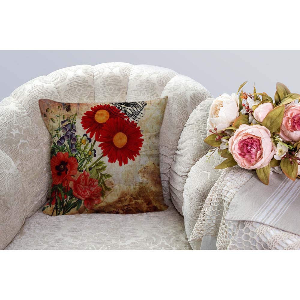 HGOD DESIGNS 18x18 Inch Red Gerbera Flower Throw Pillow Covers - Farmhouse Decor, Cotton Linen Accent Pillows for Sofa, Couch & Bedroom - Perfect for Living Room, Nursery & Home Decor