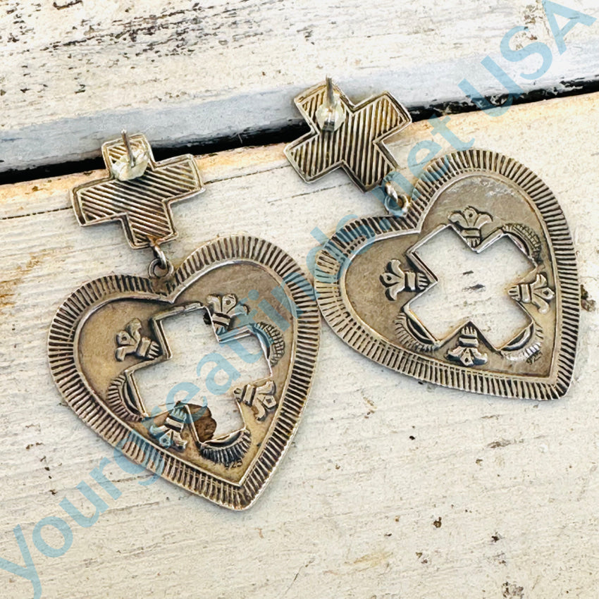 Sterling Silver Heart & Cross Large Pierced Post Earrings for Women - Elegant Dangle Earrings for Valentine's Day, Wedding, Anniversary & Everyday Wear