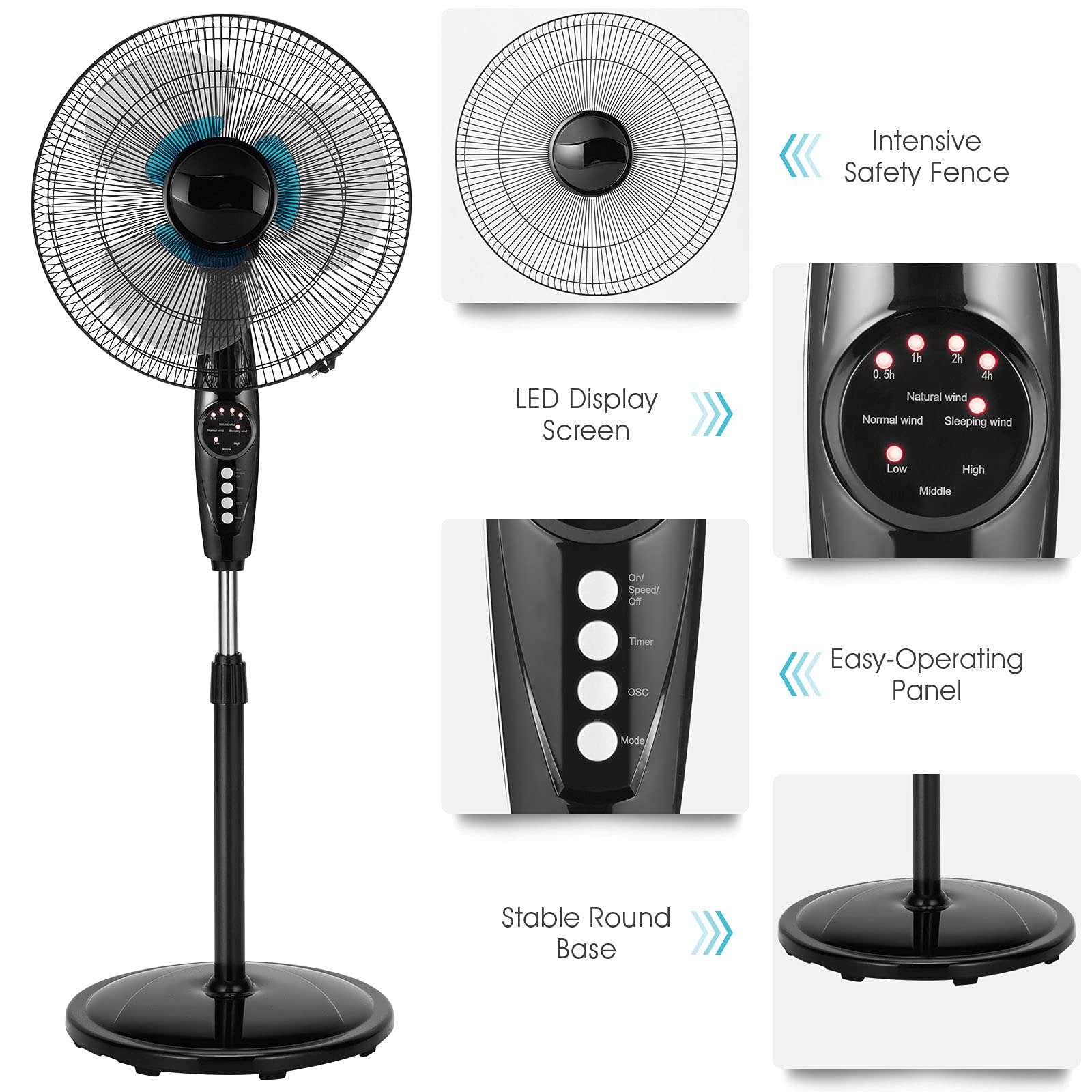 Happygrill 18 Inch Quiet Oscillating Pedestal Fan with Remote Control - 3-Speed Adjustable Standing Fan with Timer & LCD Display - Height Adjustable for Home, Office, Bedroom, Living Room & Outdoor Use