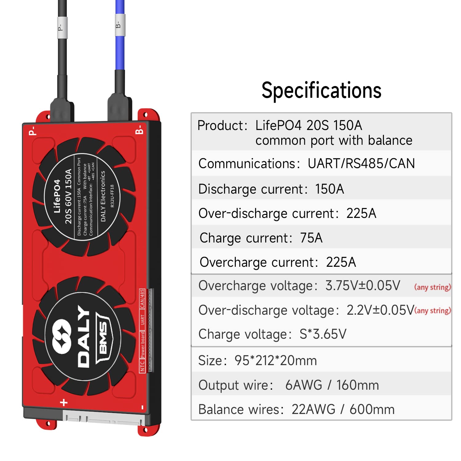 DALY Smart BMS LiFePo4 20S 60V 150A Battery Management System with UART/CAN/485/Bluetooth - PCB Module for 18650 Battery Packs - Perfect for Solar Energy Storage, Electric Vehicles & DIY Power Systems