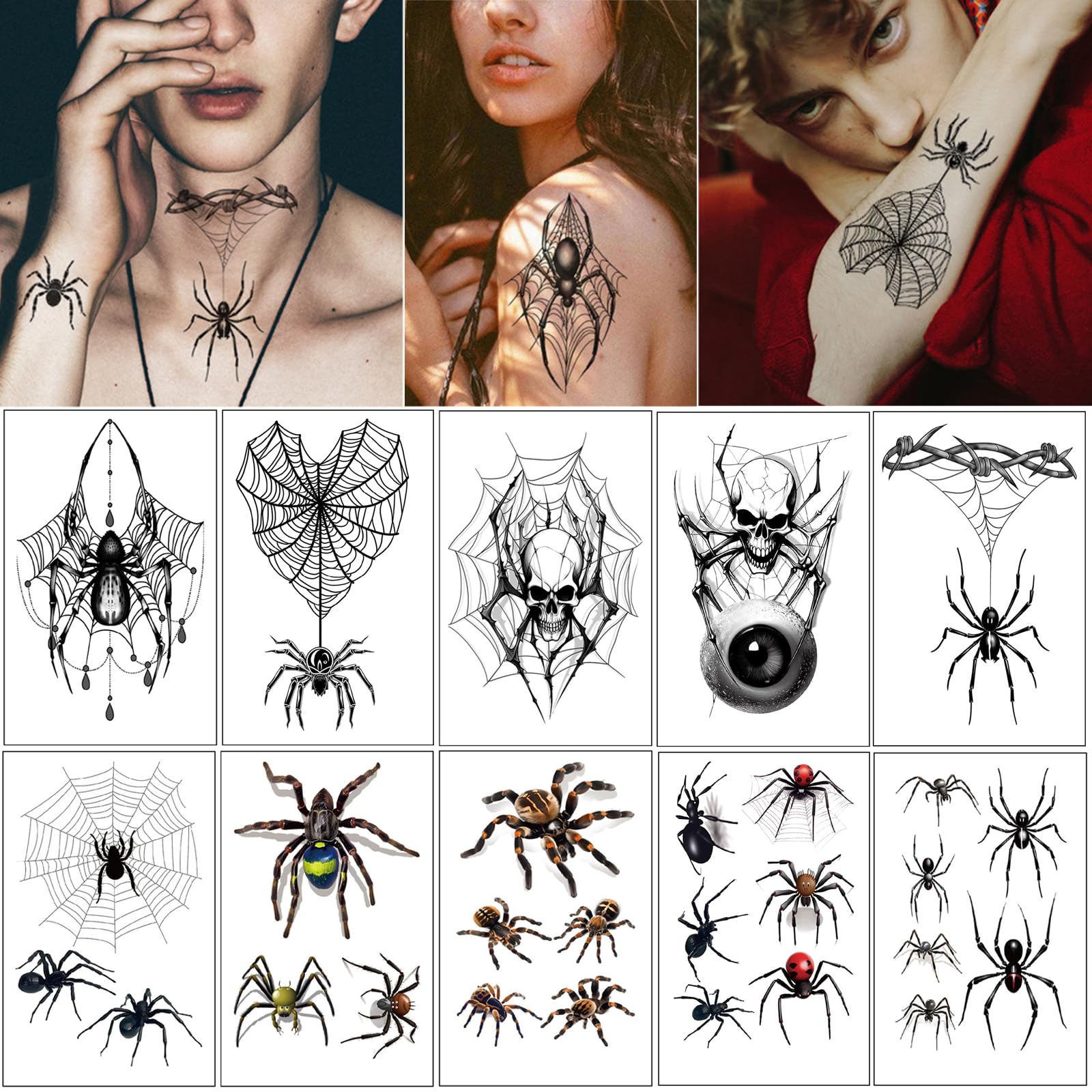 Waterproof Fake Zombie Scar Tattoos & Vampire Teeth Kit - 30 Sheets Halloween Makeup Stickers with Spider & Mouth Designs for Cosplay, Costume Parties, Horror Events & Scary Movie Nights