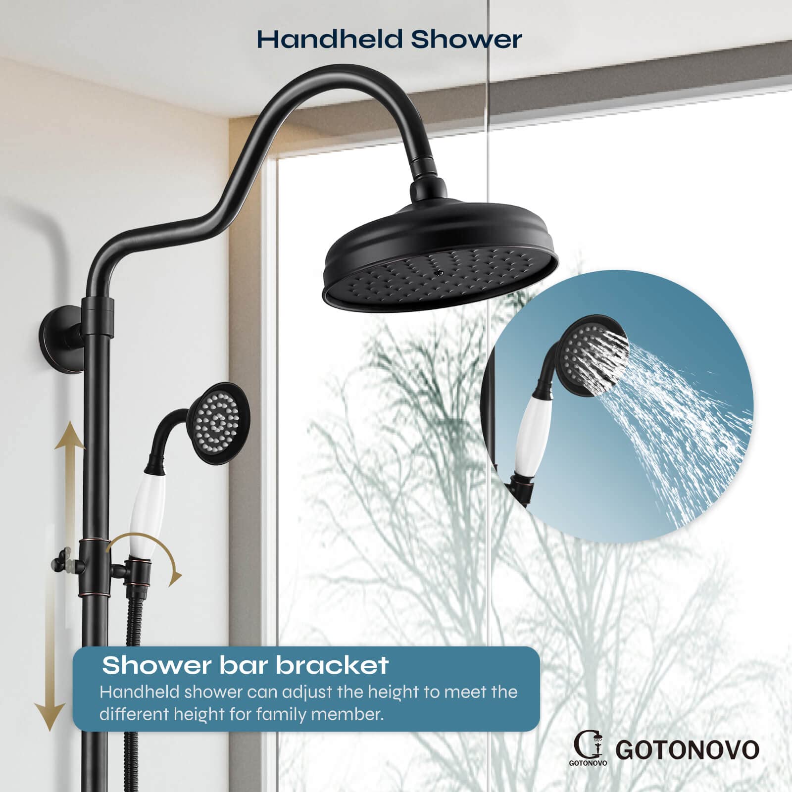 Gotonovo Luxury 8-Inch Wall Mount Exposed Shower System - Oil Rubbed Bronze Rainfall Shower Head with Handheld Spray & Cross Double Handle Faucet, Adjustable Arc Rod for Modern Bathroom Remodel | Perfect for Master Bath, Spa-Like Shower Experience