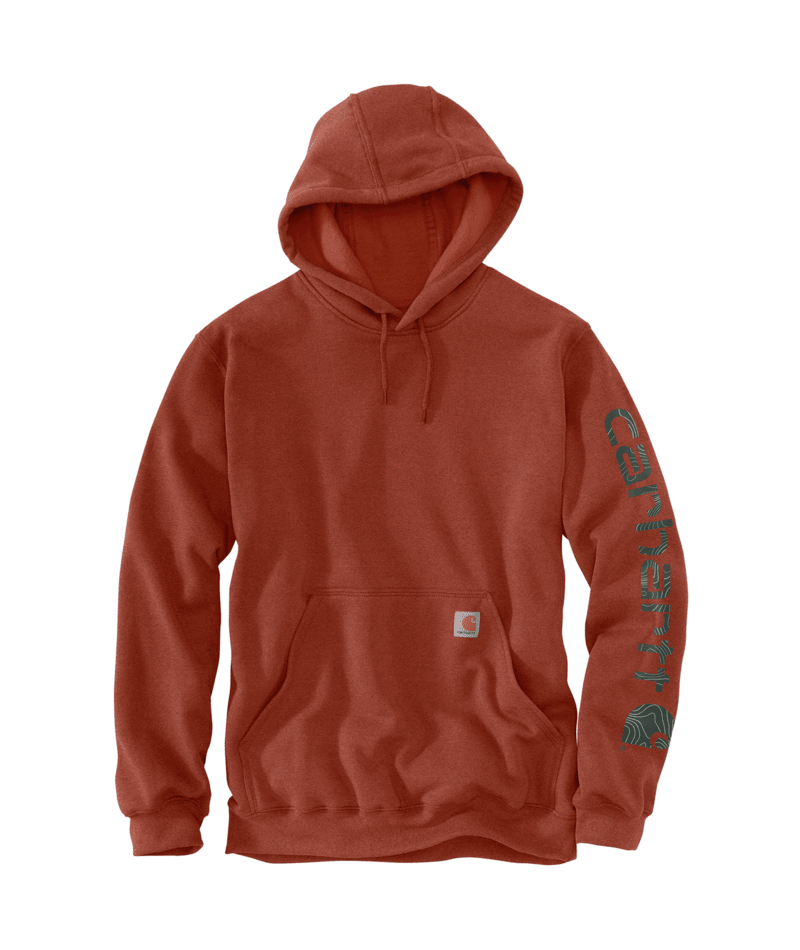 K288 Loose Fit Midweight Graphic Hoodie with Logo Sleeve in Saddle Red - Perfect for Casual Wear, Street Style & Outdoor Activities