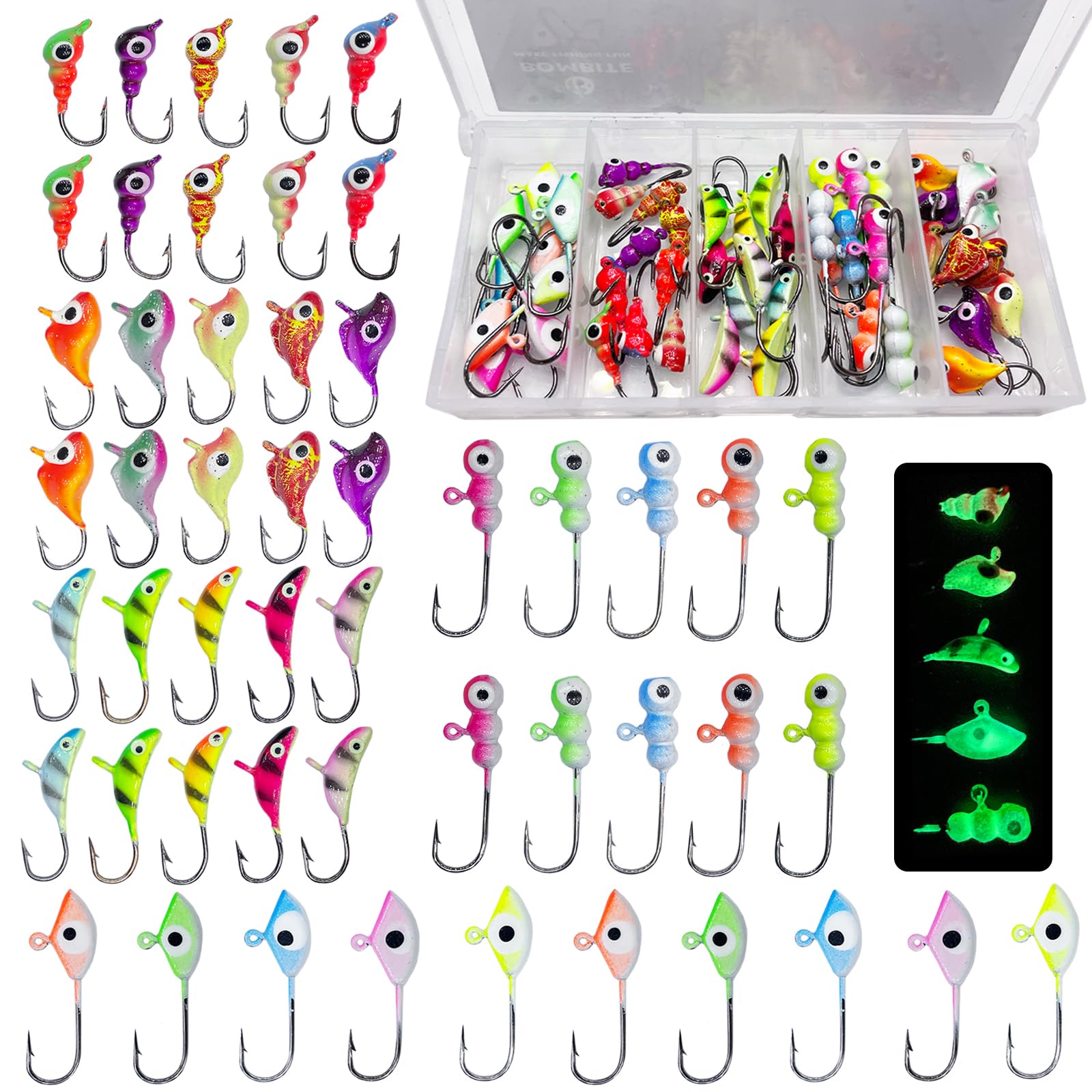 Bombite Glow in the Dark Ice Fishing Lures Kit - 30/50 Pack Crappie Jig Heads with Tackle Box for Winter Fishing | Ice Fishing Gear for Trout, Perch & Panfish | Perfect for Night Fishing & Low Light Conditions