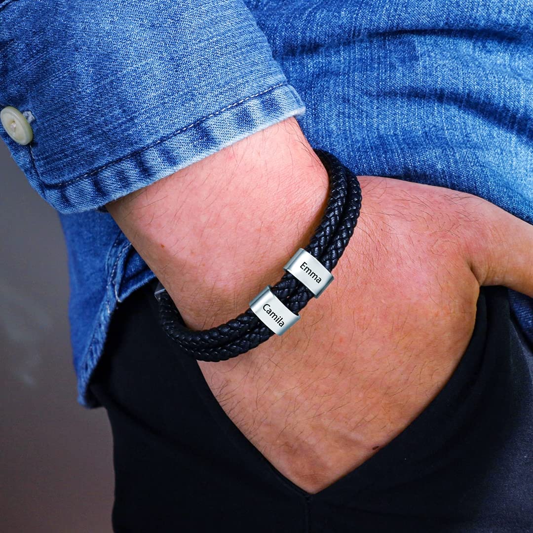 Custom Personalized Men's Leather Bracelet - Black Braided Name ID Bracelet with 1-8 Engraved Beads | Stylish Gift for Boyfriend, Husband, Father | Perfect for Weddings, Anniversaries & Everyday Wear
