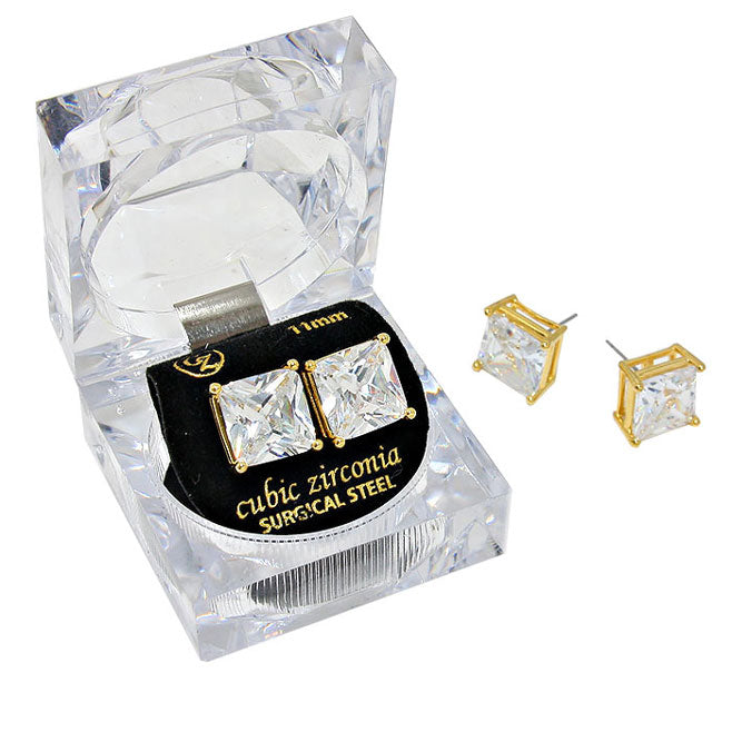 11mm Square Cut Crystal Cubic Zirconia (CZ) Earrings – Sparkling Elegant Jewelry for Women, Gift Box Included – Perfect for Weddings, Parties & Special Occasions