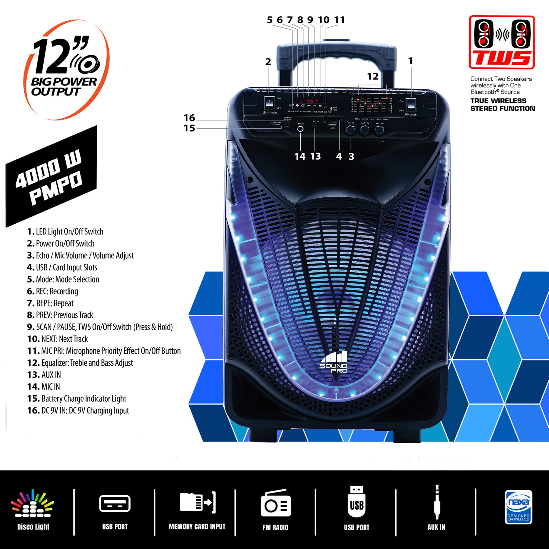 Naxa Electronics NDS-1233 12-Inch Bluetooth Portable Party Speaker with Disco Lights - Perfect for Outdoor Gatherings, Beach Parties & Home Entertainment