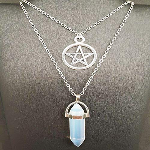 Gothic Pentagram Hexagonal Column Natural Stone Pendant Necklace for Women - Vintage Double Layer Chain Necklace with Red Agate - Perfect for Gothic Fashion, Witchy Aesthetic & Boho Jewelry Collection