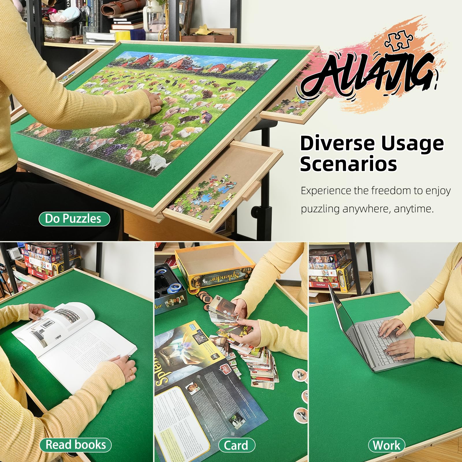 ALL4JIG Premium Wooden Jigsaw Puzzle Table with 4 Storage Drawers - Stable & Lightweight Design for 2000-Piece Puzzles - Perfect Gift for Adult Puzzle Enthusiasts - Great for Family Game Nights, Relaxation & Home Decor
