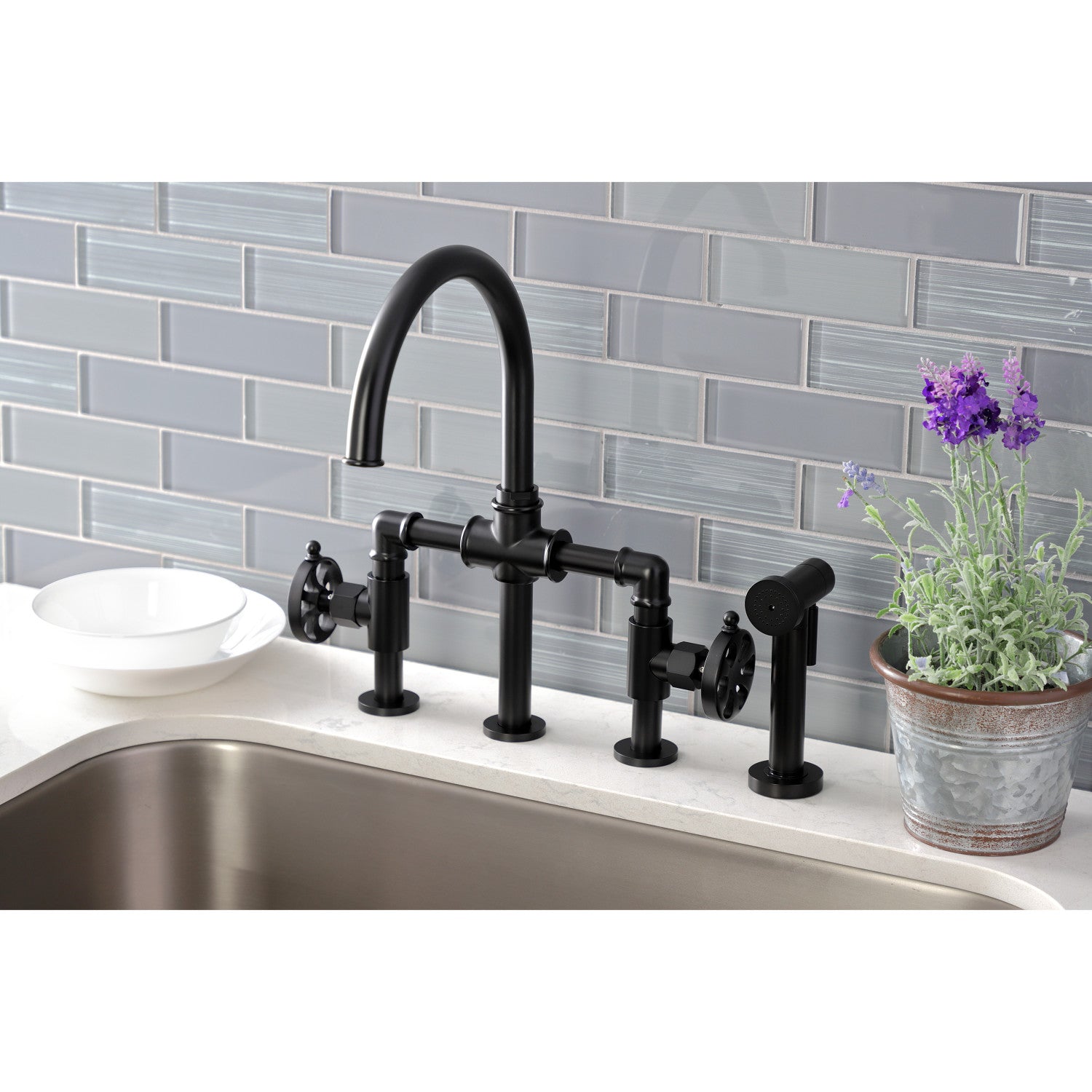 Belknap KS2330RX Matte Black Industrial Style Bridge Kitchen Faucet - 4 Hole Deck Mount with Brass Side Sprayer - Perfect for Farmhouse, Commercial & Restaurant Kitchens