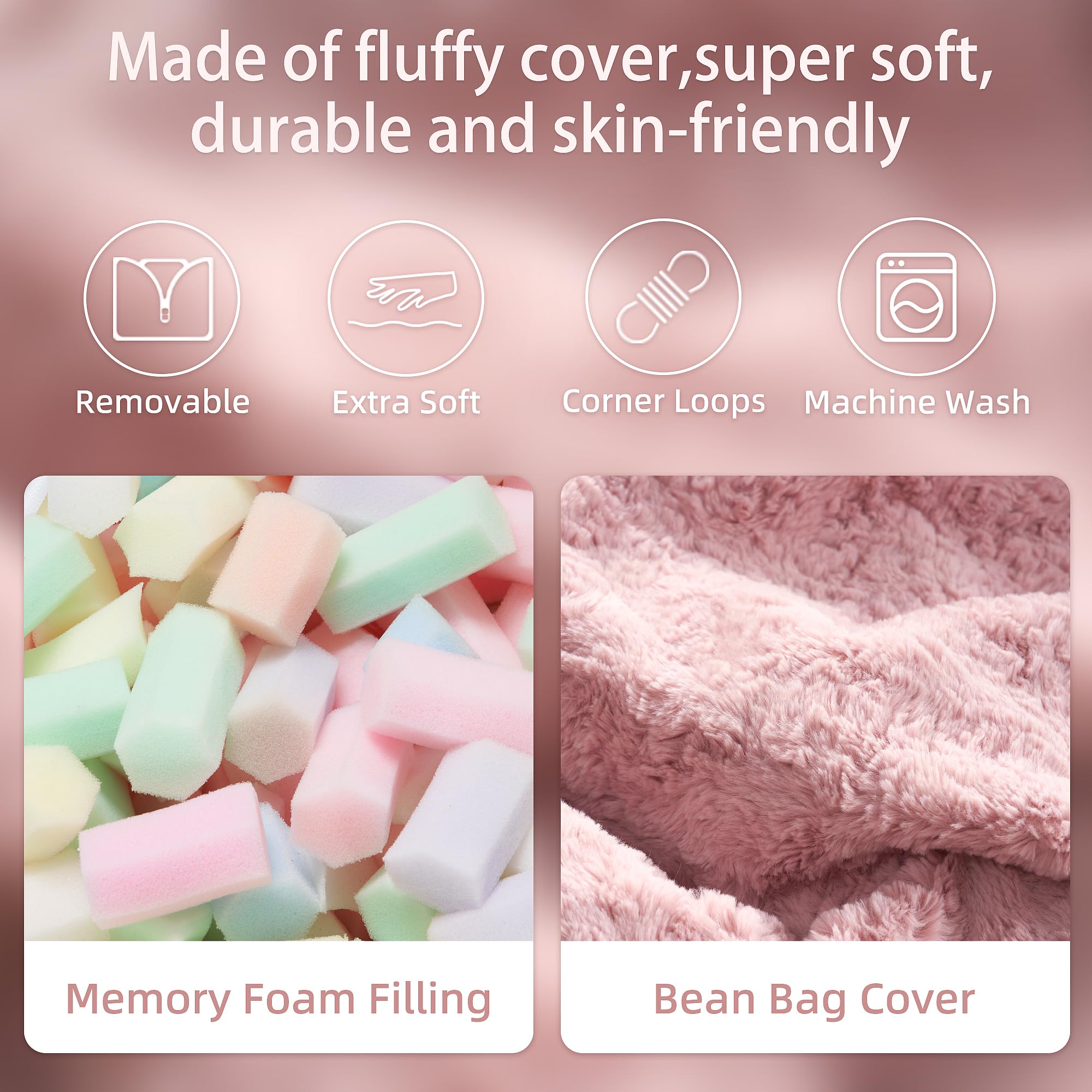 HABUTWAY 4 in 1 Bean Bag Chair with Memory Foam - Giant Faux Fur Sofa for Adults - Machine Washable Pink Bean Bag - Perfect for Living Room, Bedroom & Game Room Relaxation