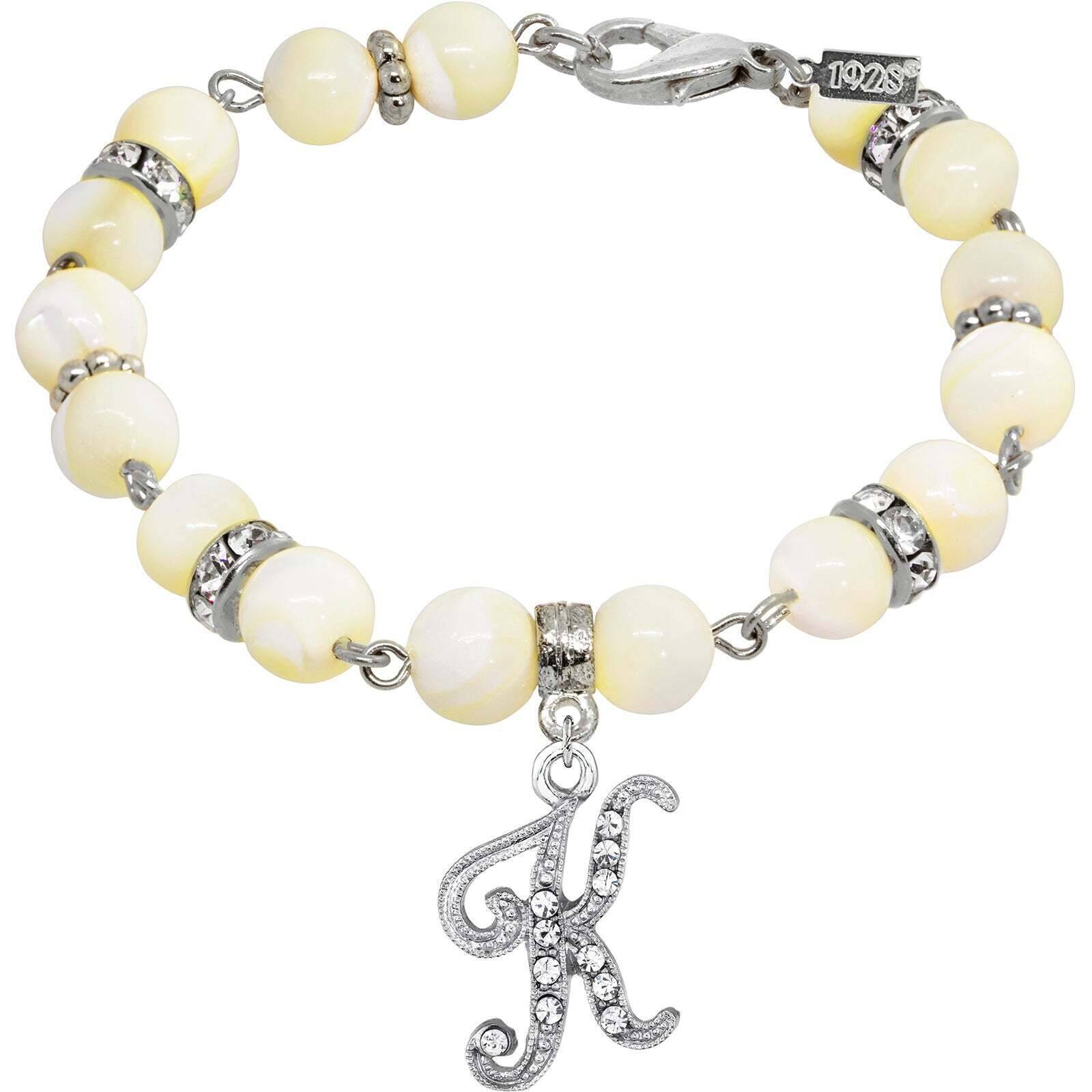 1928 Jewelry Mother of Pearl Crystal Initial Charm Bracelet - Personalized Name Bracelet for Women, Elegant Gift for Mom, Wife, Daughter - Perfect for Birthdays, Anniversaries, and Special Occasions