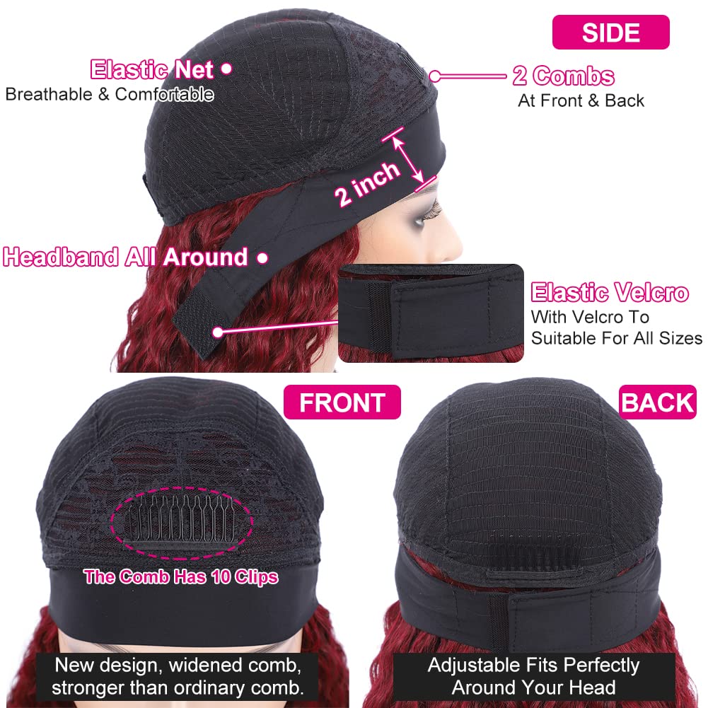 Eooma 10A 180% Density Brazilian Kinky Curly Headband Wig for Black Women - 26 Inch Burgundy #99J Human Hair Scarf Wig (No Gel/Glue) - Perfect for Daily Wear, Parties & Protective Styling