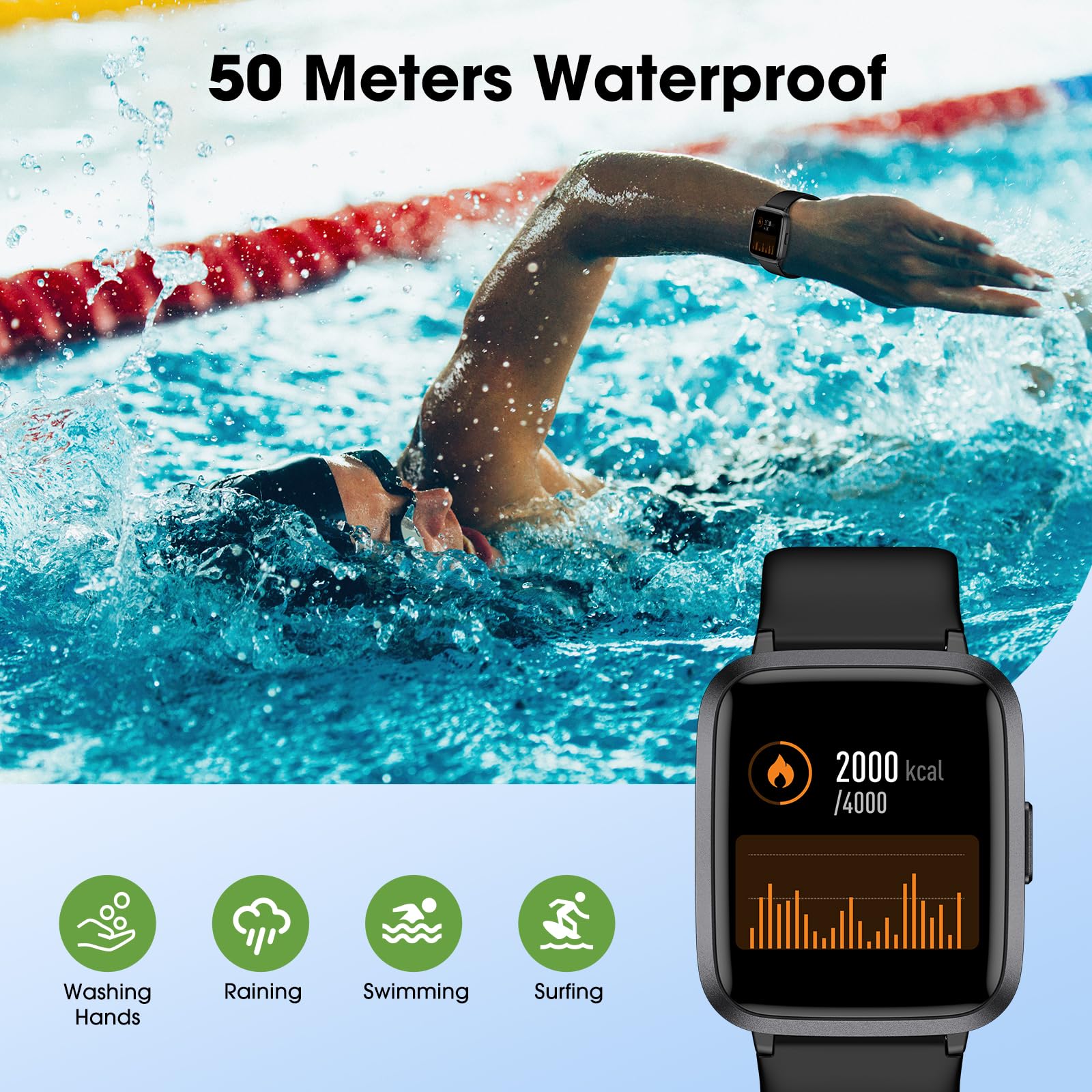 Fitness Tracker Watch with Heart Rate Monitor, Large Screen Activity Tracker - Pedometer, Sleep Monitor, Calorie & Step Counter, 5ATM Waterproof Smartwatch for Women & Men - Perfect for Running, Swimming & Daily Fitness Tracking