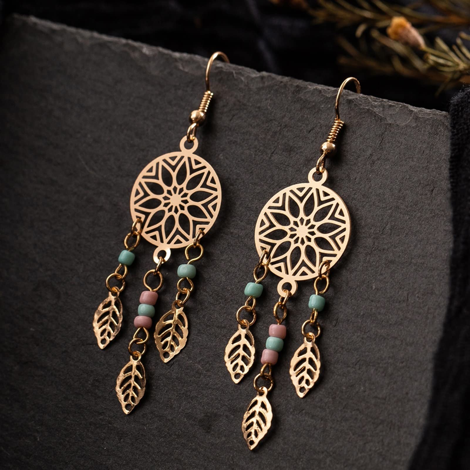 Vintage Golden Leaf Dangle Drop Earrings for Women - Ethnic Bohemian Jewelry - Fashion Statement Accessories for Anniversary, Party & Special Occasions