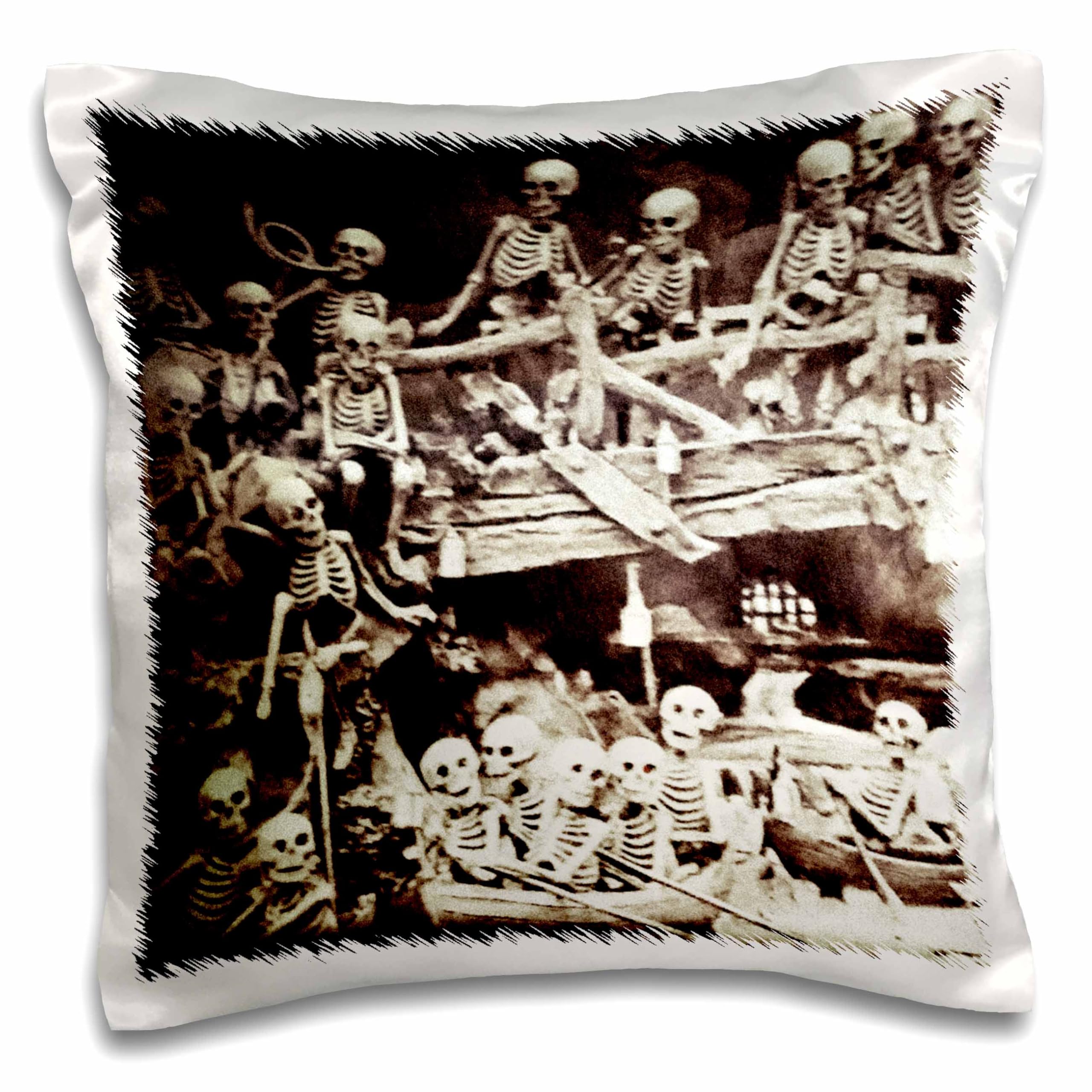 3D Rose Vintage 1800s Skeleton Party in Satanville Stereo View Ghouls in Hell Decorative Throw Pillow Case 16x16 Inches - Gothic Home Decor for Halloween, Horror Theme Bedroom & Unique Gift Idea