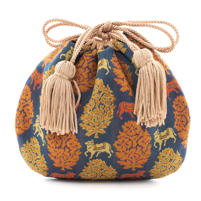 Nishijin Ori Small Drawstring Bag - Bull & Navy Blue - Handmade in Kyoto Japan - Traditional Japanese Craft Purse for Coins, Jewelry & Gifts