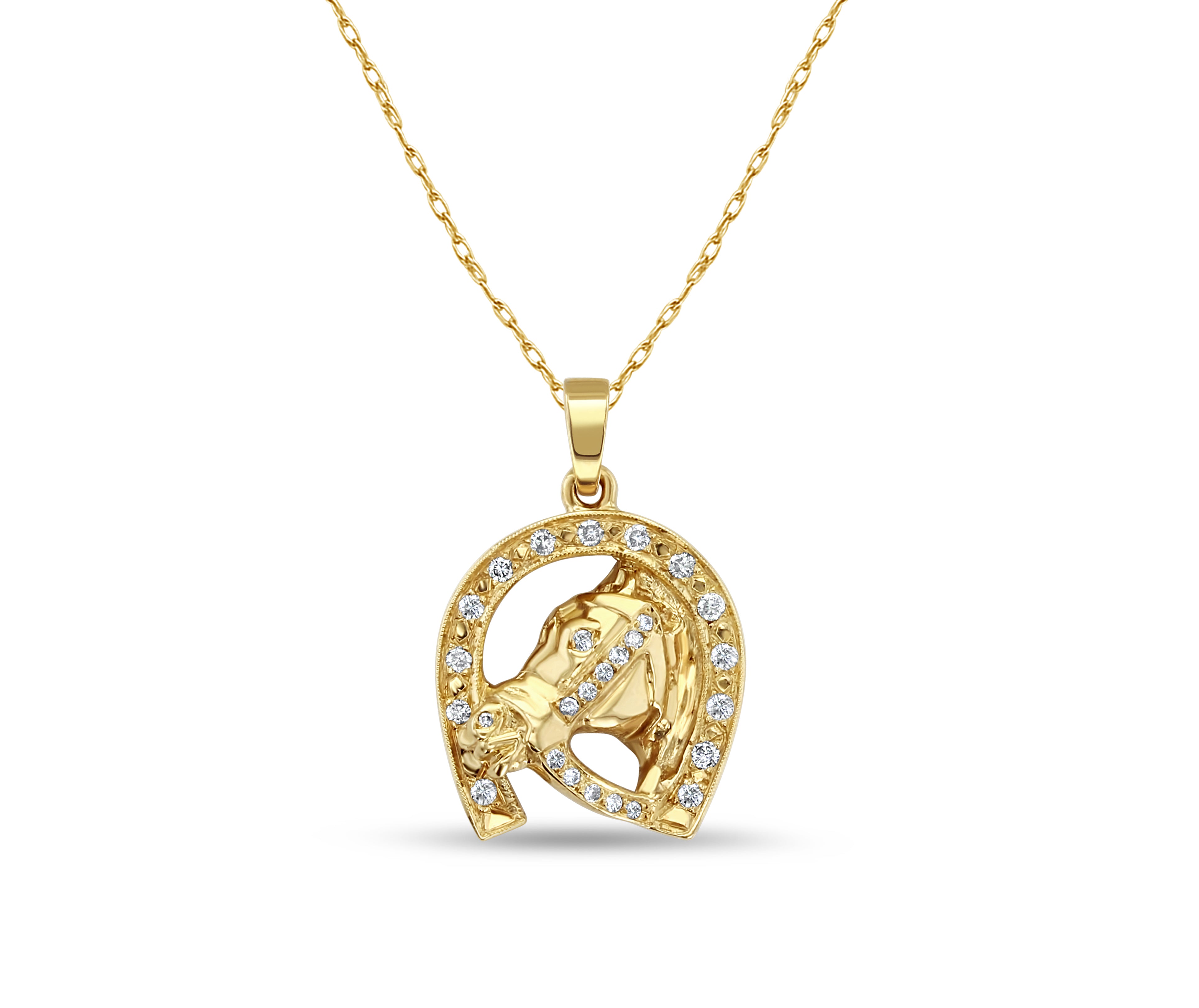 14K Yellow Gold Diamond Horseshoe Horse Head Necklace - 0.55cttw Elegant Equestrian Jewelry for Women, Perfect Gift for Horse Lovers, Birthday & Anniversary Present
