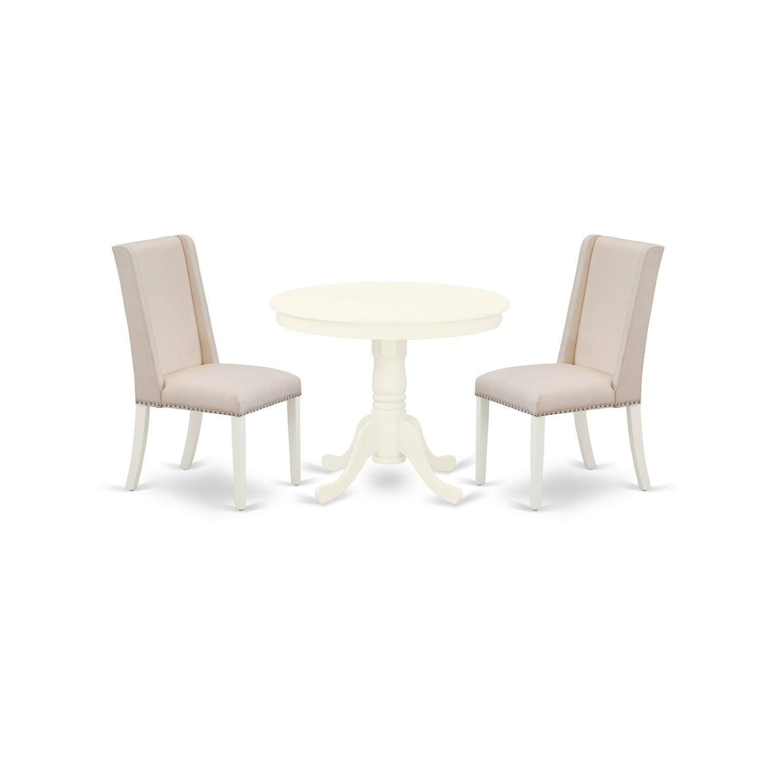 East West Furniture ANFL3-LWH-01 3-Piece Round Dining Table Set with Pedestal Base & 2 Cream Linen Fabric Chairs, 36x36 Inch, Linen White - Perfect for Small Kitchens, Breakfast Nooks & Cozy Dining Spaces