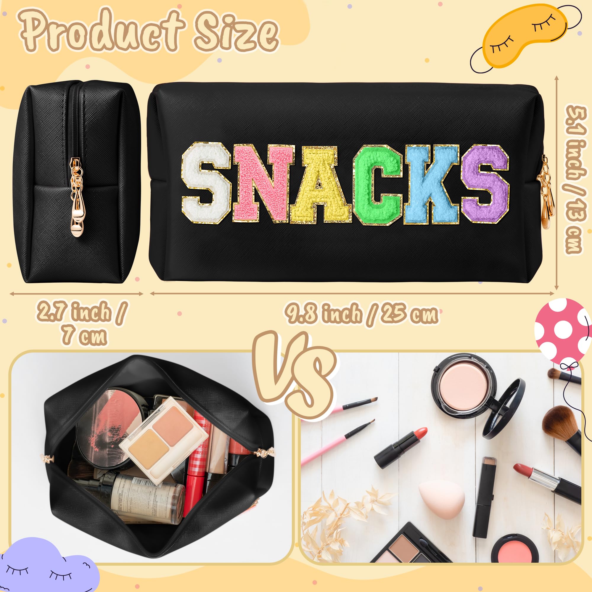 CY2SIDE SNACKS Letter Makeup Bag - Waterproof Black PU Leather Cosmetic Pouch with Colorful Chenille Letter Patch, Portable Travel Organizer for Women & Girls | Perfect for Travel, Gym, and Christmas Gifts