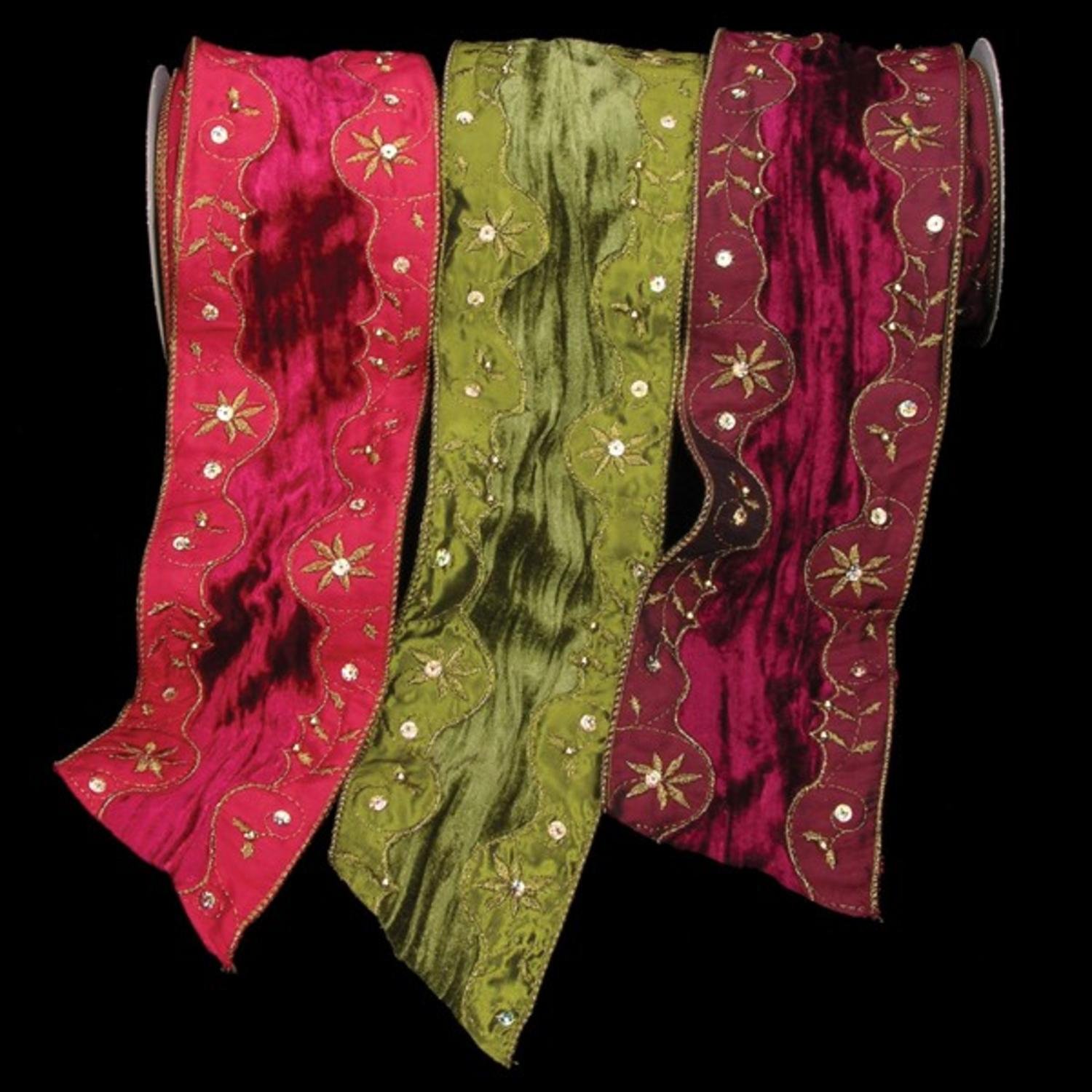 Red Velvet Darjeeling Wired Craft Ribbon with Diamonds - 4 Inch x 10 Yards for Gift Wrapping, Wedding Decorations, DIY Crafts & Holiday Ornaments