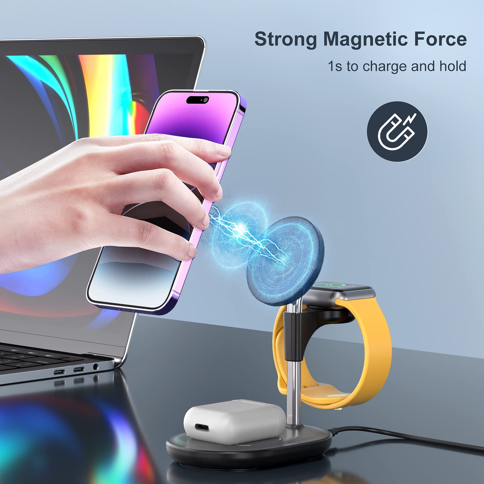 3-in-1 Magnetic Wireless Charging Station for iPhone 15/14/13/12 Pro Max/Plus/Pro, Apple Watch & AirPods - Fast Qi-Certified MagSafe Charger Stand - Perfect Gift for Men & Women (Black) | Home Office & Nightstand Charging Solution