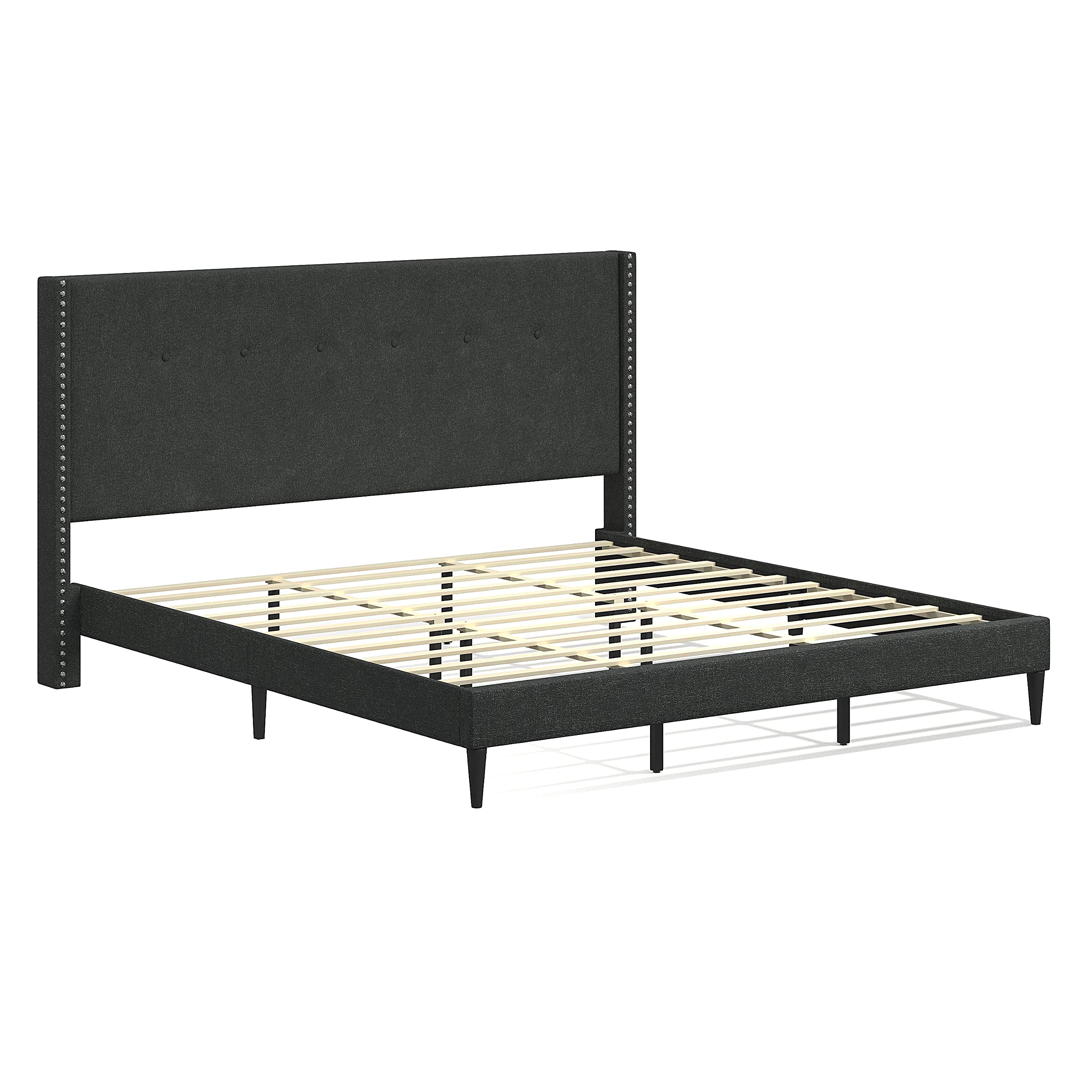 Glenwillow Home MCM Upholstered Platform Bed Frame with Nailhead Trim & Button Tufted Wingback - King Size Gray Bed - No Box Spring Needed - Easy Assembly - Perfect for Modern Bedroom & Guest Room Decor