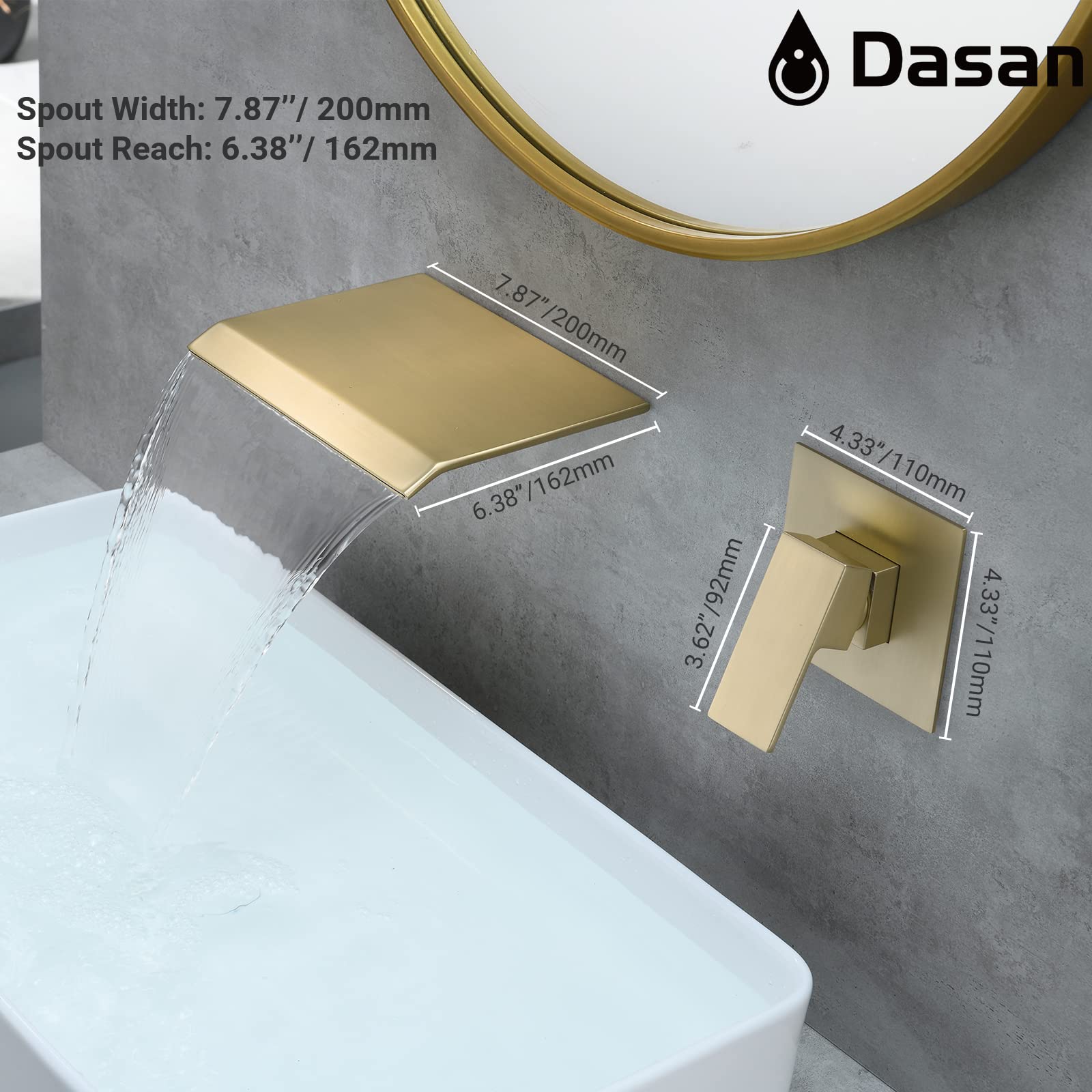 Brushed Gold Wall Mount Waterfall Bathroom Faucet - Single Handle Modern Wall Mounted Sink Faucet with Upgraded Rough-in Valve (DA-TFD3BG-NH) - Perfect for Spa-Like Bathrooms, Luxury Hotels, and Contemporary Home Decor