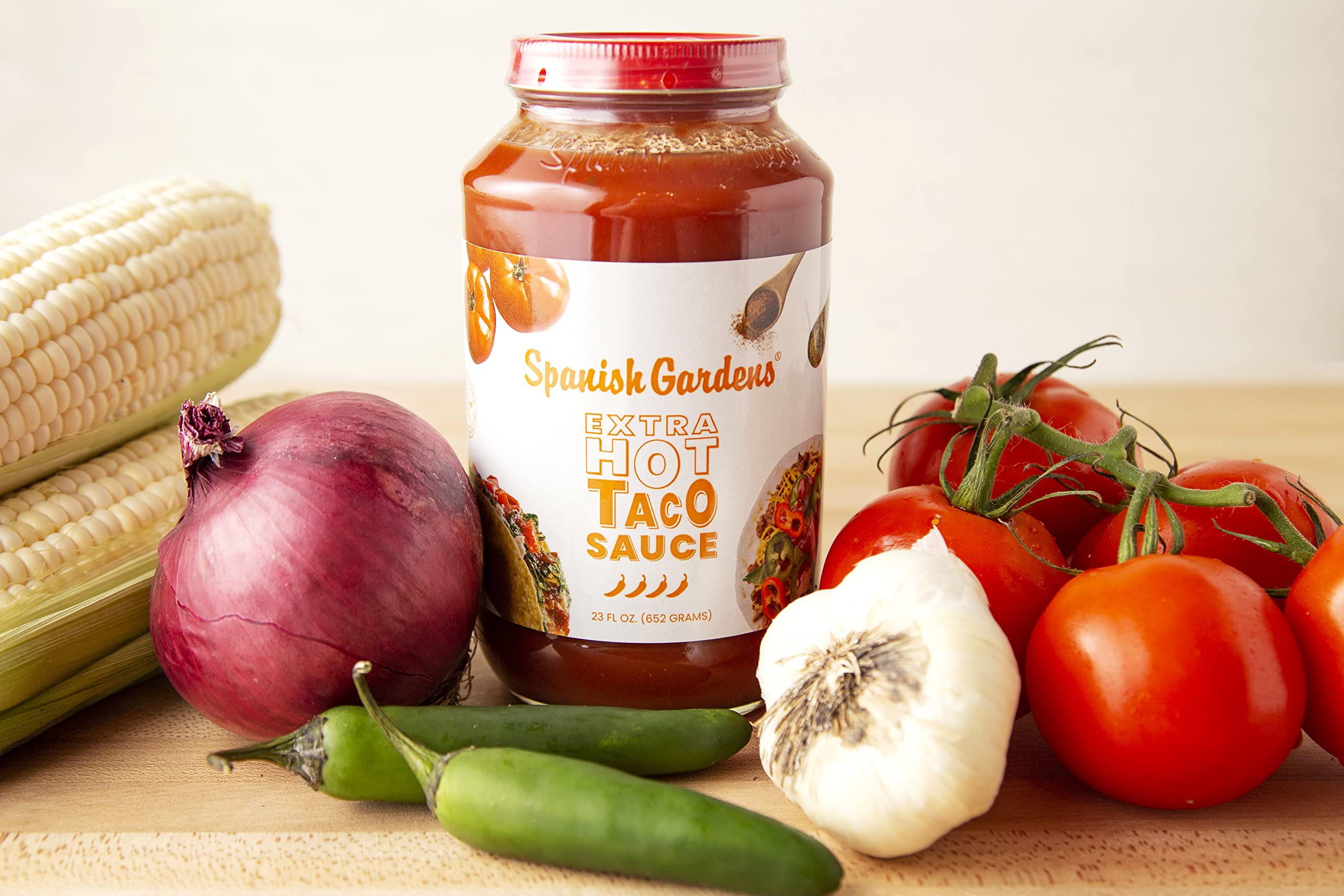 Authentic Spanish Gardens Extra Hot Taco Sauce (6 Pack) — Family Recipe Super Spicy Mexican Hot Sauce for Tacos, Burritos & Enchiladas — Perfect for Tex-Mex Cooking & Party Dips (23 oz Bottles) — Great for BBQs, Game Nights & Mexican Dinner Parties