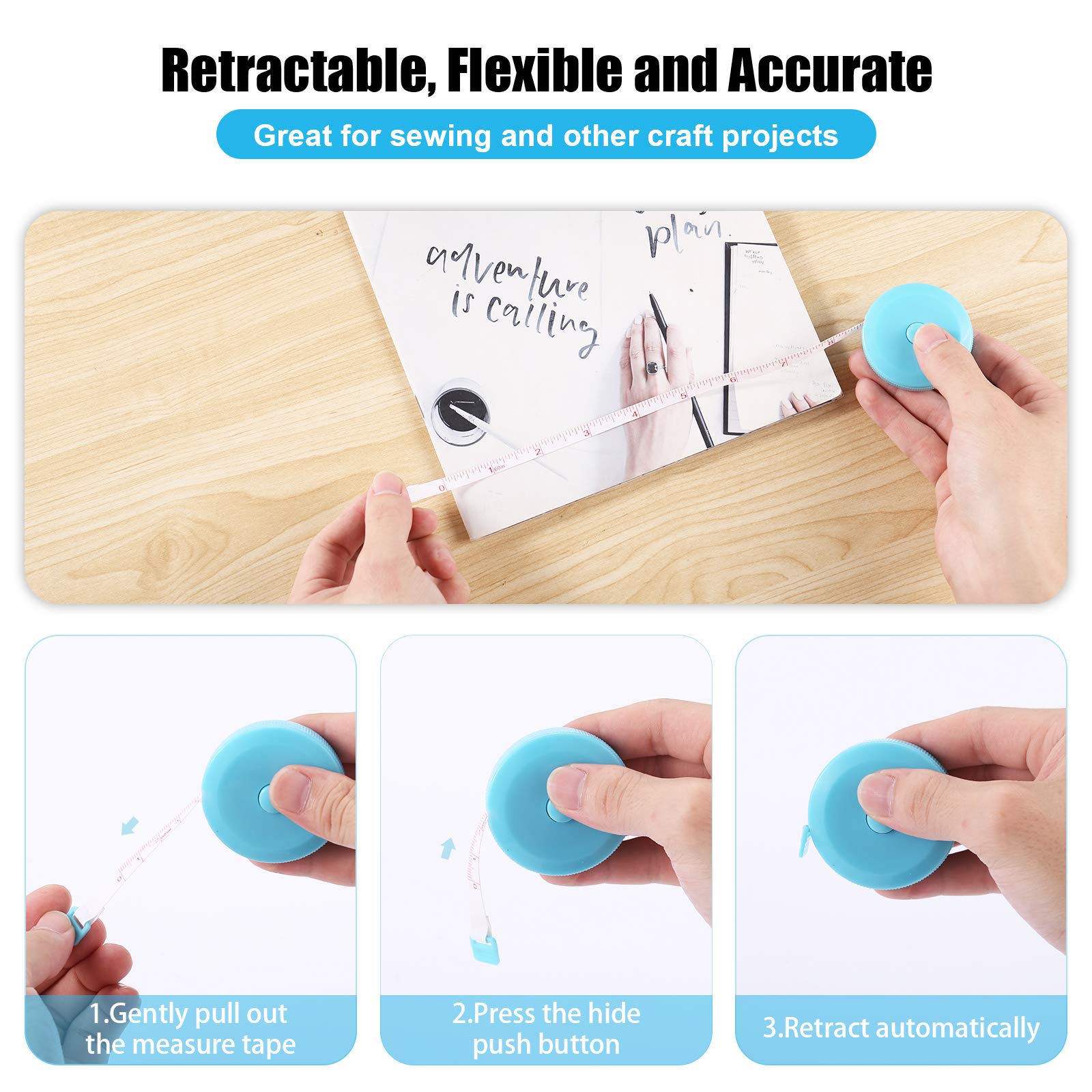 Retractable Tape Measure 60 Inch - 3 Pack Fabric Measuring Tape for Sewing, Craft, Nursing & Medical Use - Black, Purple, Sky Blue - Perfect for Travel, DIY Projects & Home Improvement