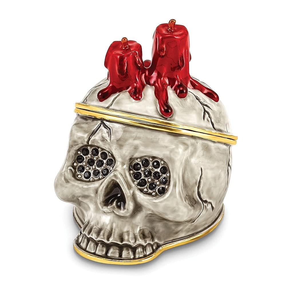 Luxury Bejeweled Pirate Skull Trinket Box with Red Candles - Captain Black Beard Jewelry Storage & Home Decor for Halloween, Gothic Decor, Pirate Themed Parties