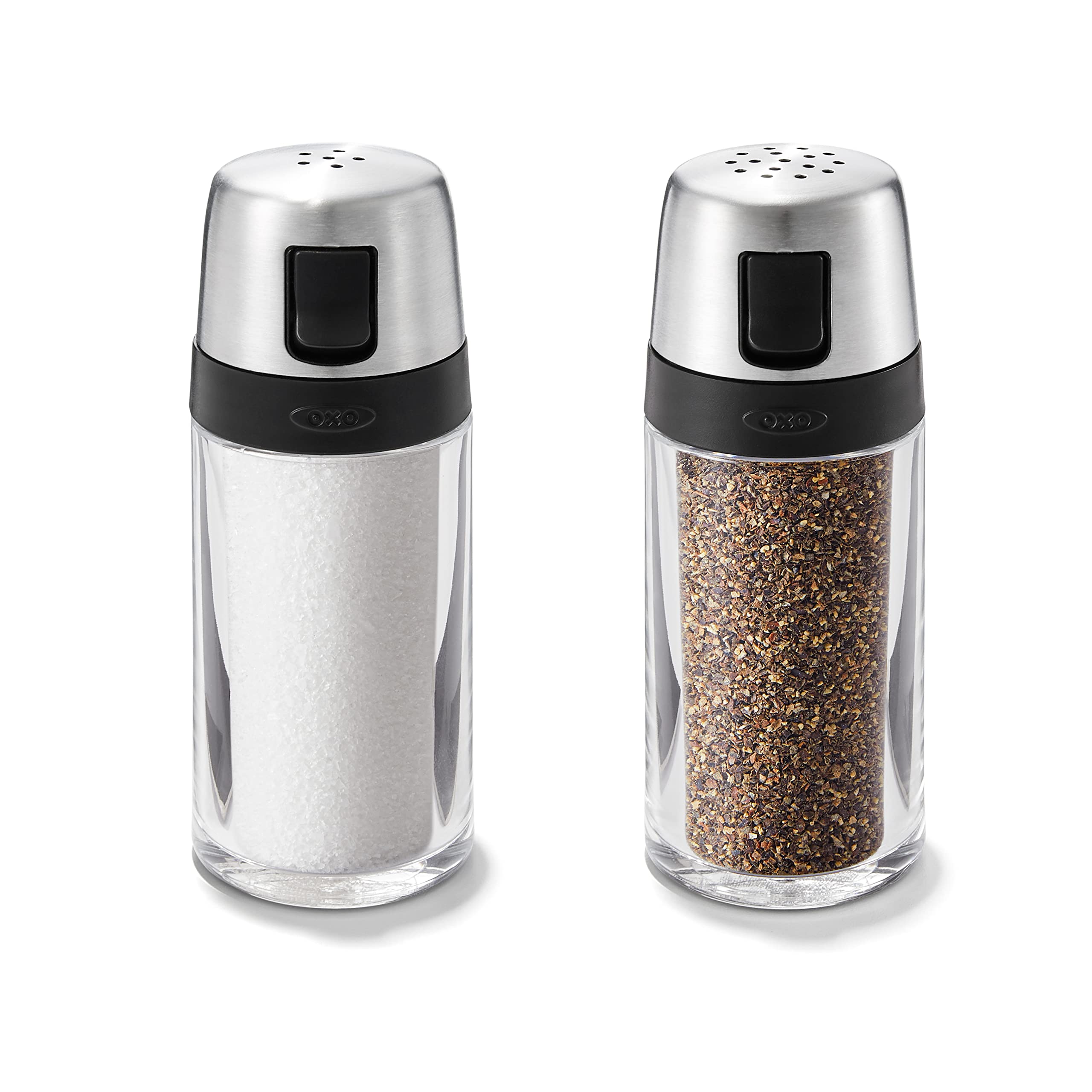 OXO Stainless Steel Salt and Pepper Shaker Set - Clear Glass Body with Adjustable Pour Spouts - Perfect for Kitchen, Dining Table & Outdoor Picnics