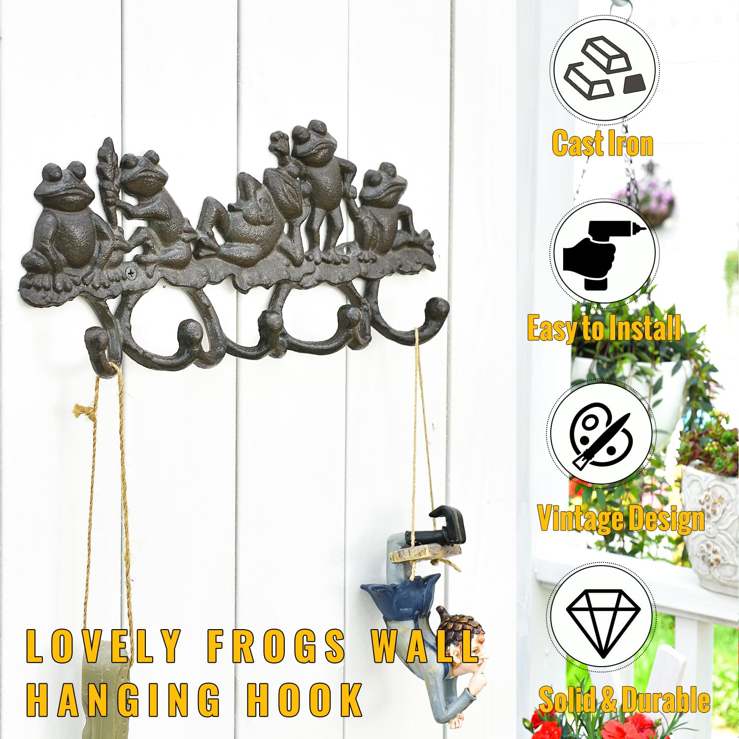 Decorative Cast Iron Wall Hanger with 5 Hooks - Frog Design Wall Mounted Organizer for Coats, Hats, Keys & Tools | Indoor/Outdoor Durable Storage Solution for Entryway, Garage, Garden & Mudroom