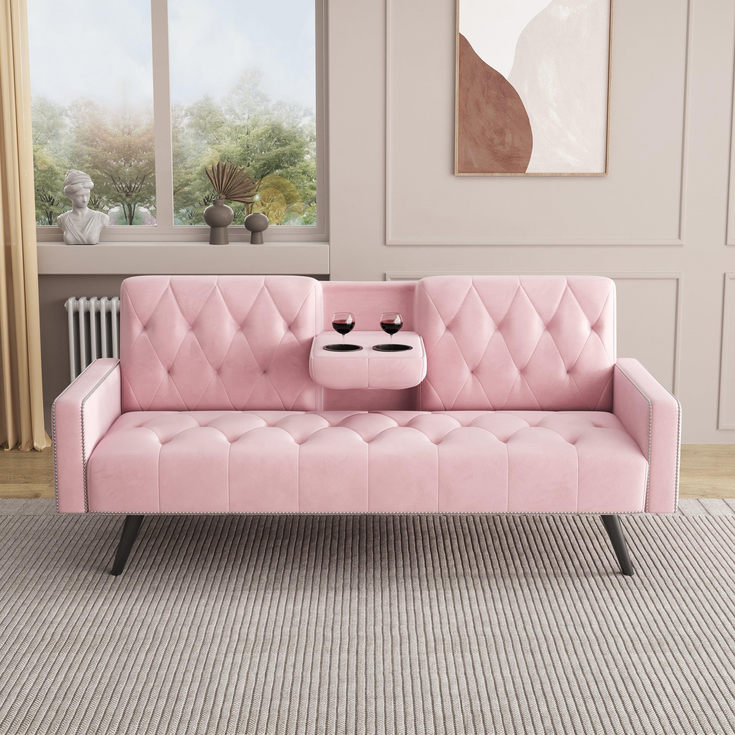 1730 Pink Velvet Sofa Bed with Nail Head Trim & Cup Holders - 72