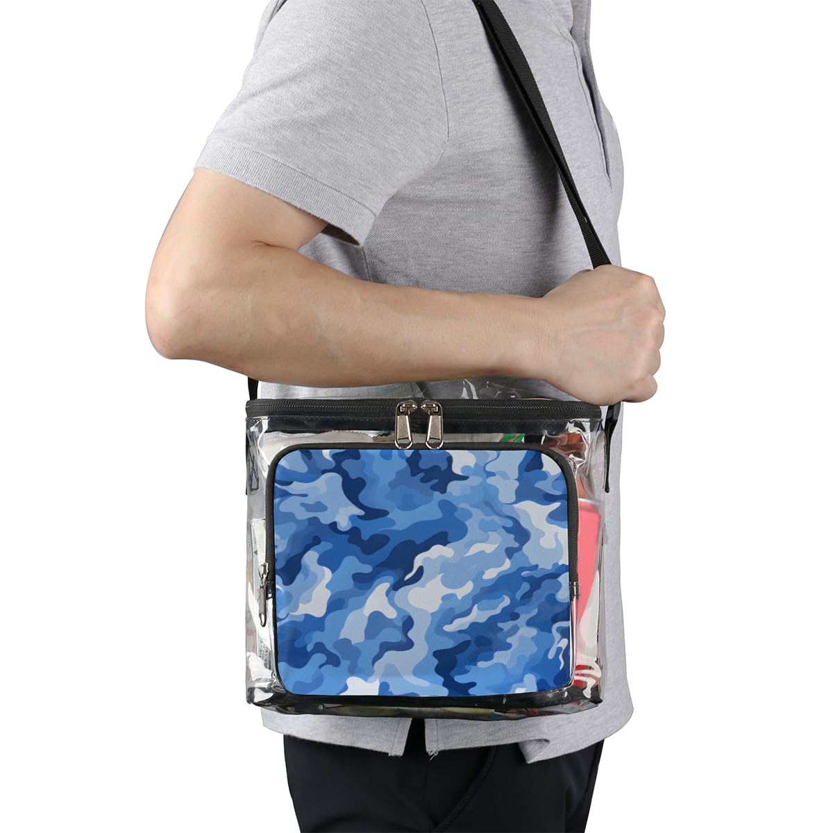 GzLeyigou Camouflage Blue Clear Tote Bag with Handles - Abstract Camo Pattern Transparent Crossbody Shoulder Bag for Lunch, Outdoor, Travel, Picnic, Concerts & Sports Events - Stadium Approved Multipurpose Carryall (Perfect for Beach, Shopping, Gym & Daily Use)