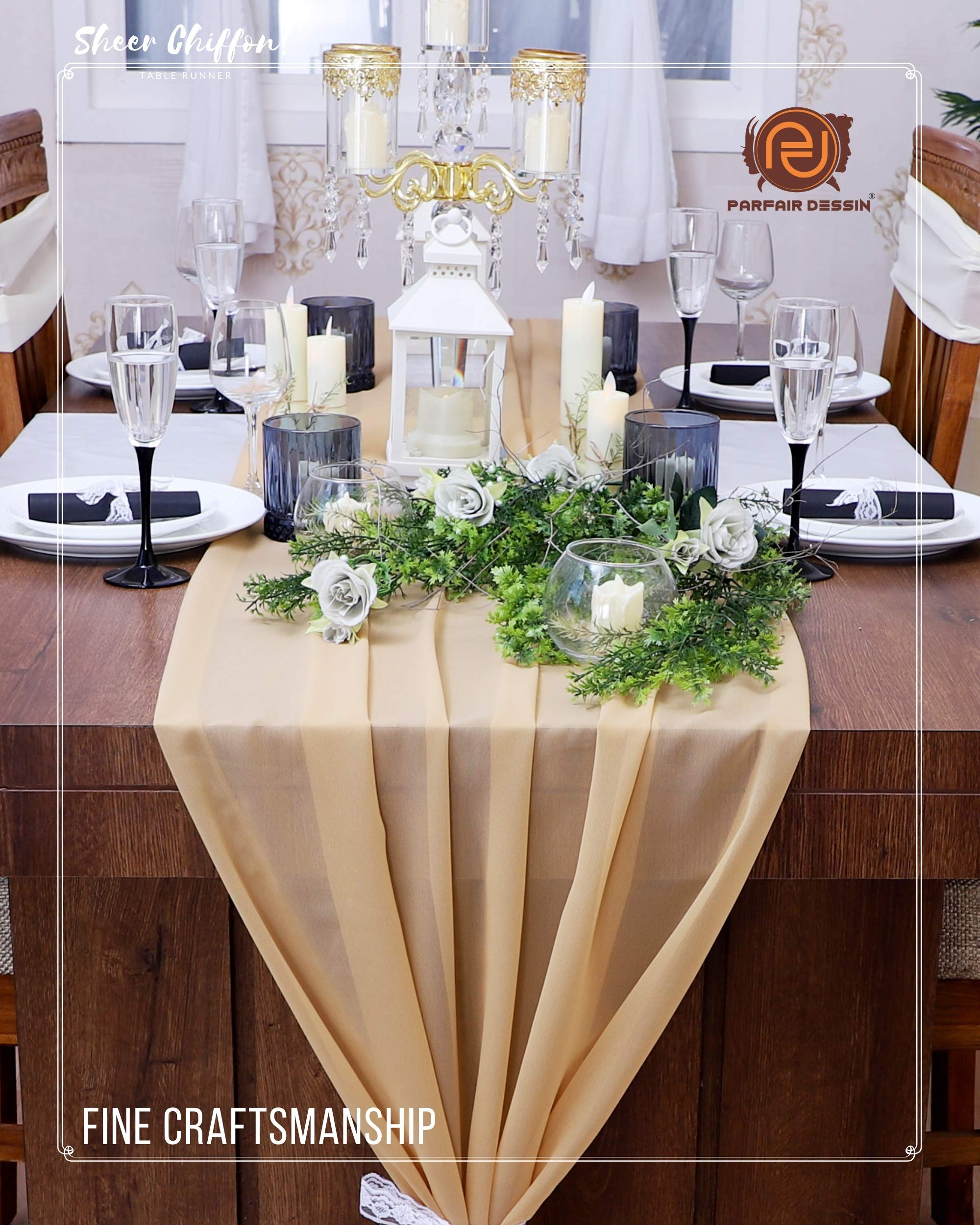 Parfair 10ft Chiffon Wedding Table Runner - Elegant Caramel Bridal Shower Decor, Rustic Wedding Centerpiece for Tables, Party & Reception Decorations | Perfect for Wedding, Baby Shower, Anniversary & Holiday Celebrations