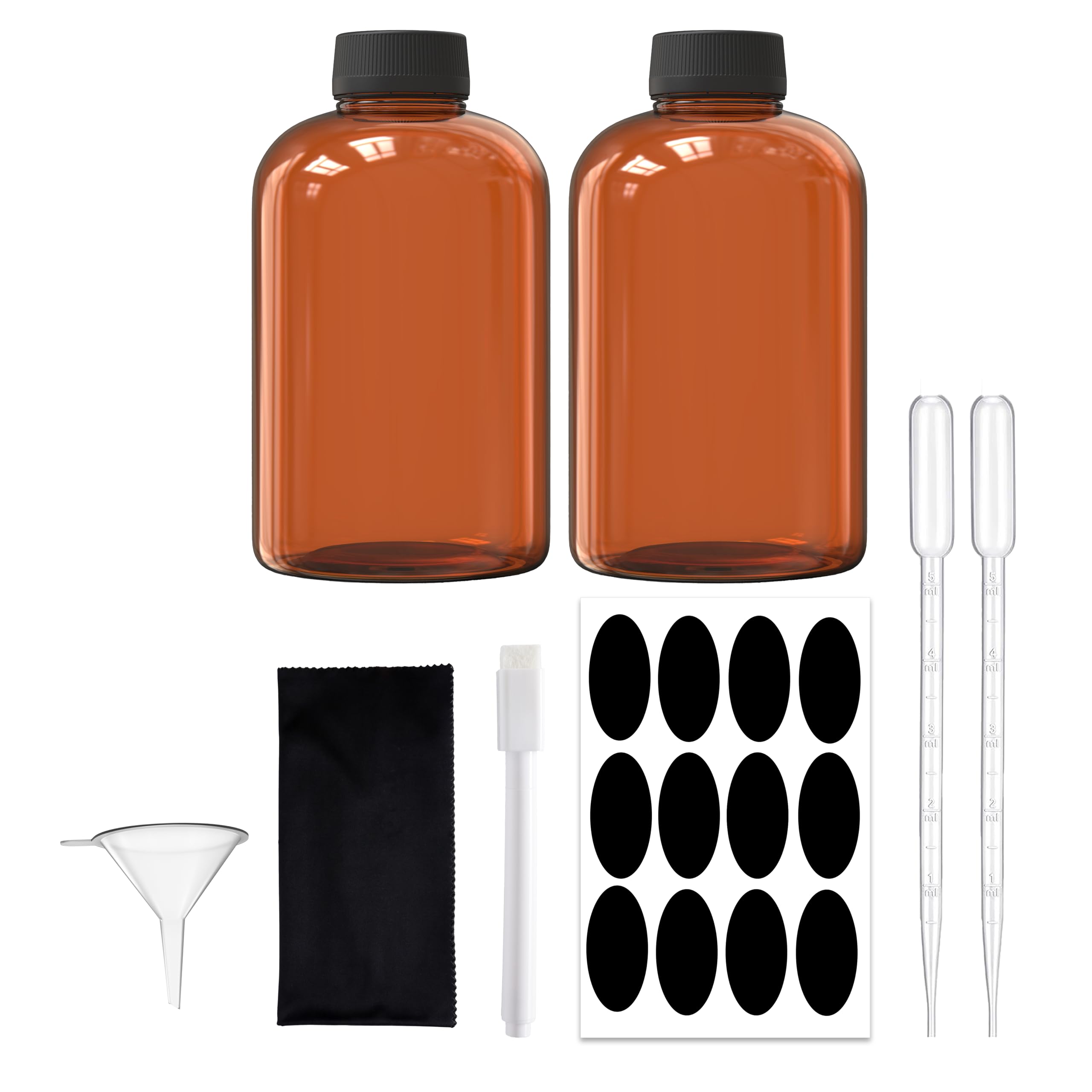2 Pack 700ml (23.66 fl oz) Plastic Bottles with Lids - Essential Oil Bottles, Shampoo Containers, Soap Dispensers & Hand Sanitizer Storage - Includes Funnel, Labels, Pipettes & Microfiber Cloth - Perfect for DIY, Travel & Home Organization