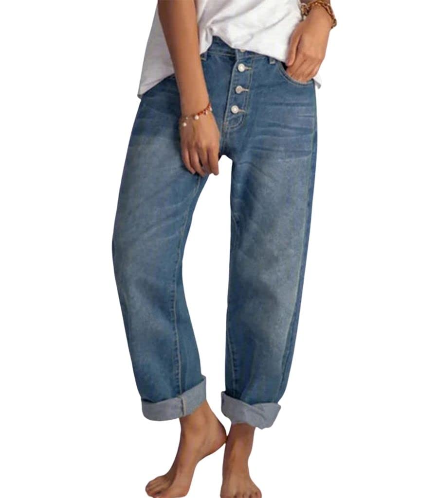 ebossy Women's Vintage Distressed Straight Jeans - Mid Waist Washed Denim Pants with Button Closure | Casual Everyday Wear, Street Style Outfits