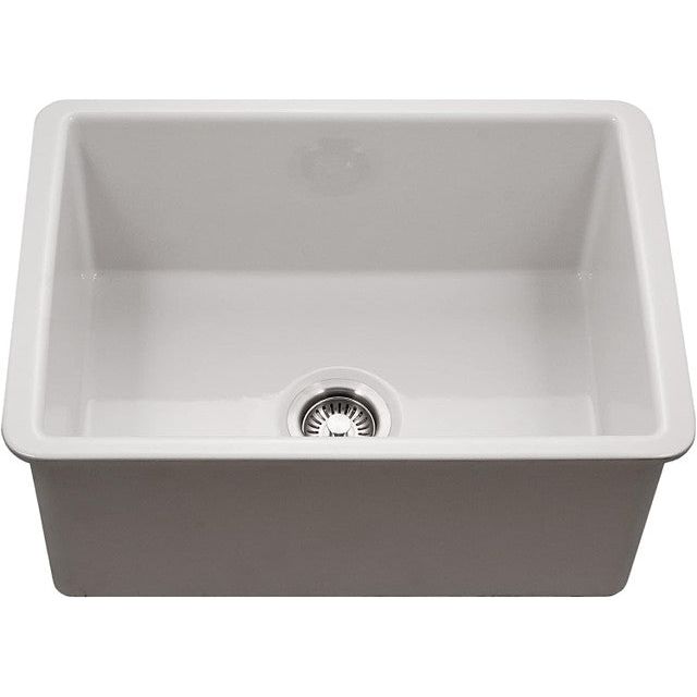 Houzer Platus Series 24-Inch Fireclay Undermount Single Bowl Kitchen Sink with Basket Strainer & Bottom Grid - Perfect for Modern Farmhouse & Contemporary Kitchen Designs