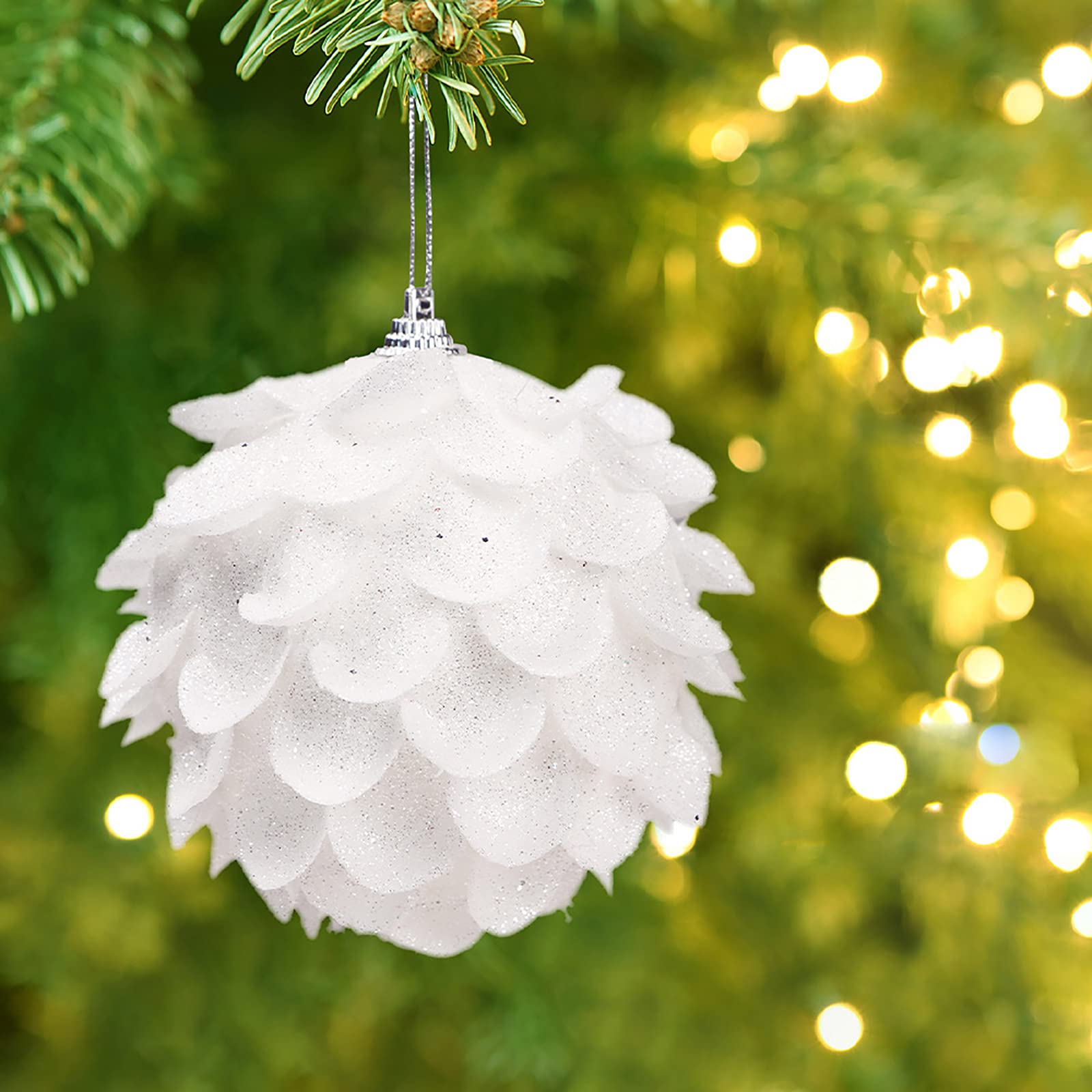 6Pcs Shatterproof Christmas Ball Ornaments - Snow White Glitter Foam Hanging Decorations with Petal Design for Xmas Tree (8cm/3.15inch) - Perfect for Holiday Home Decor, Party & Gift Giving