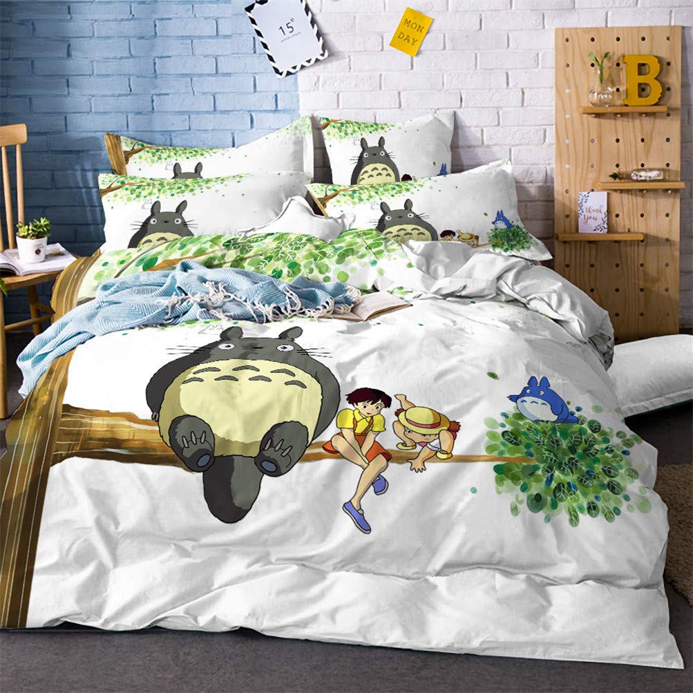 Totoro Cat Bedding Set - 4-Piece Anime Duvet Cover, Bed Sheet & Pillowcases for Twin, Full, Queen & King Size Beds - Soft Cartoon Character Bed Linens for Kids & Adults - Perfect for Themed Bedrooms, Gifts & Studio Ghibli Fans