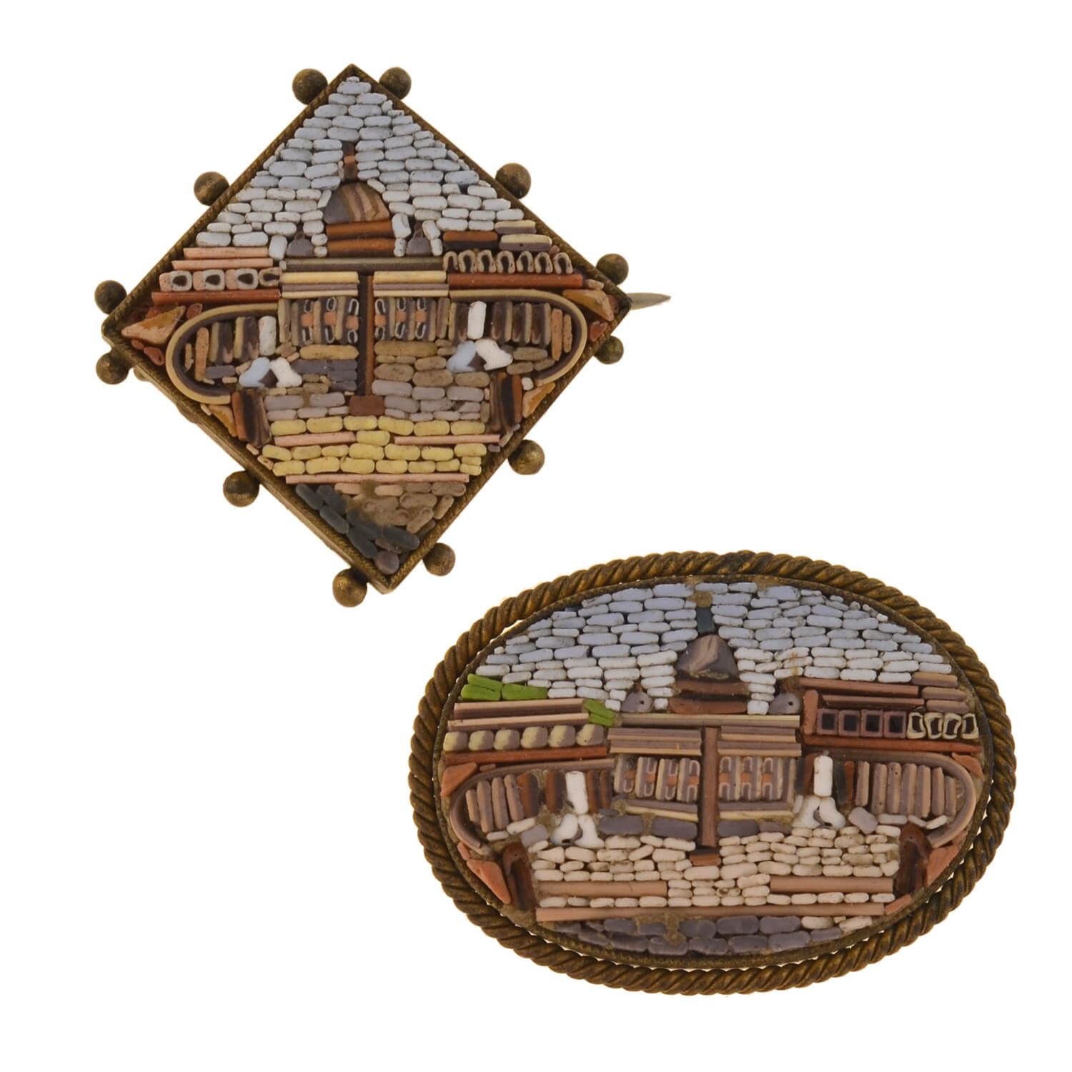Victorian Gold Filled Micro Mosaic Vatican City Pin Set - Elegant Collectible Jewelry for Travel Enthusiasts & Catholic Gifts
