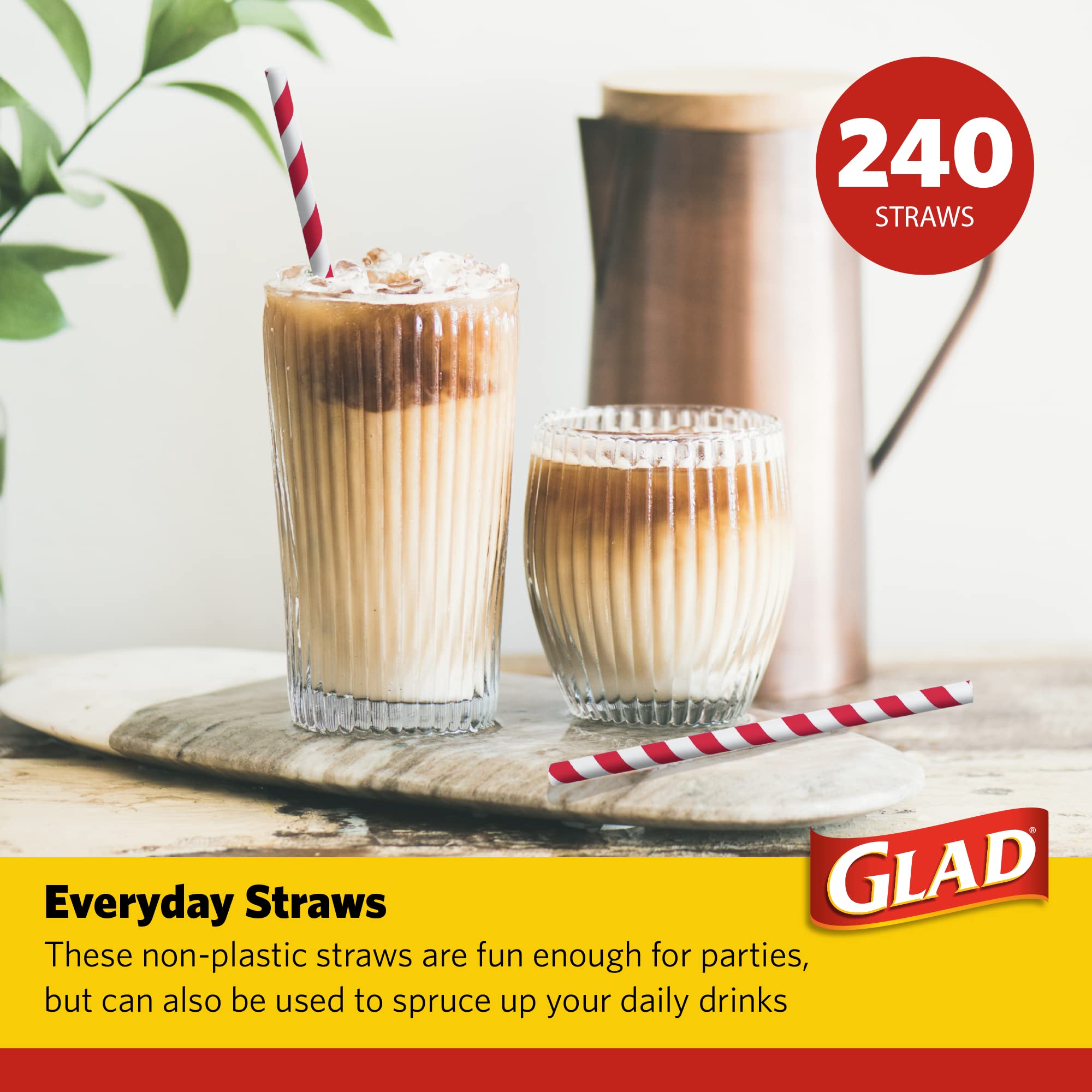 Eco-Friendly Biodegradable Paper Straws 6 Pack (240 Count) - Red and White Striped Drinking Straws for Parties, Restaurants, and Home Use