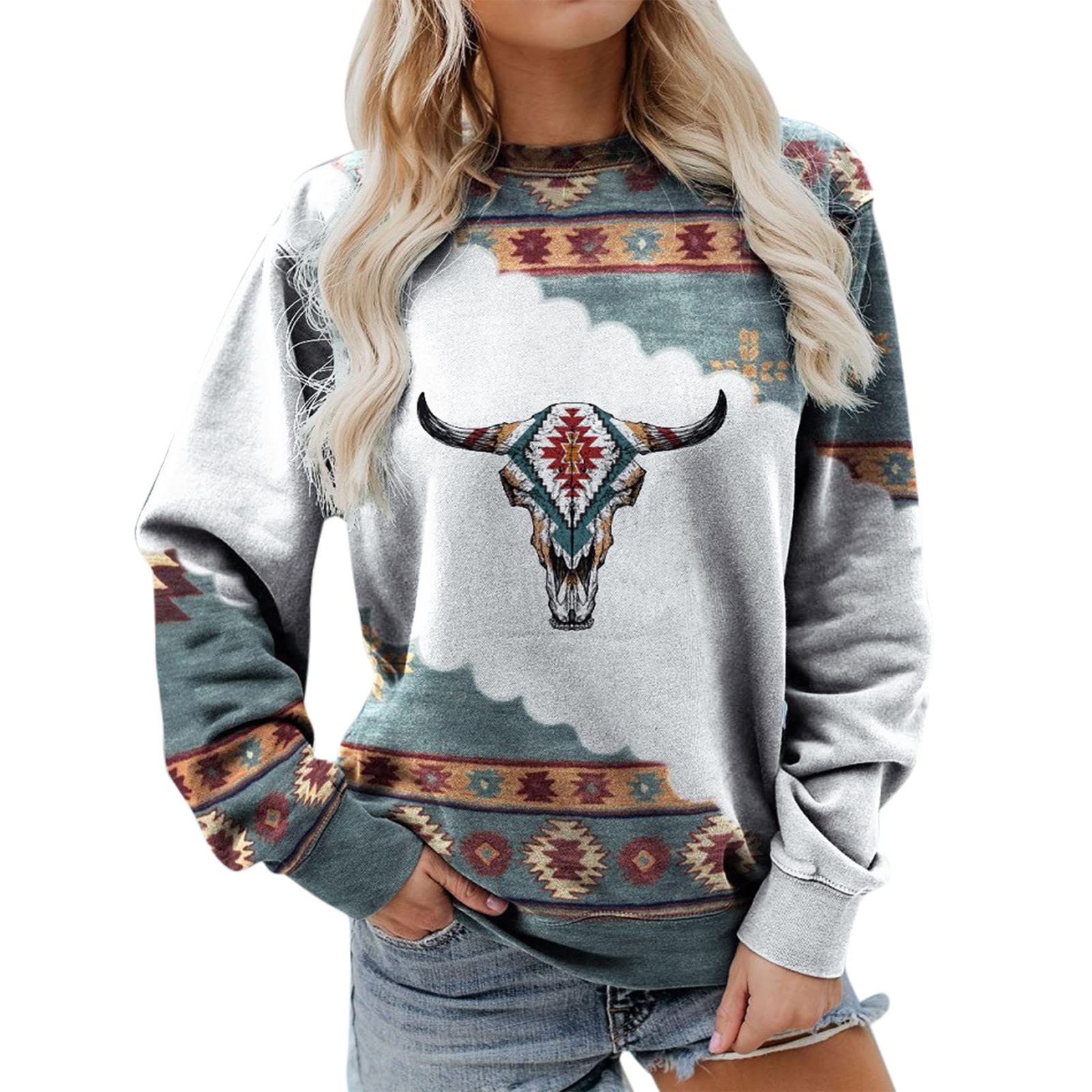 Women's Loose Casual Blouse - Western Style Round Neck Long Sleeve Digital Print Shirt for Everyday Wear & Boho Outfits